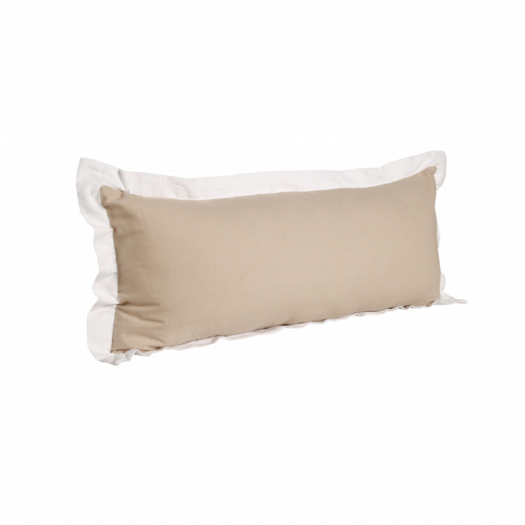 14" X 36" Beige And White 100% Cotton Geometric Zippered Pillow