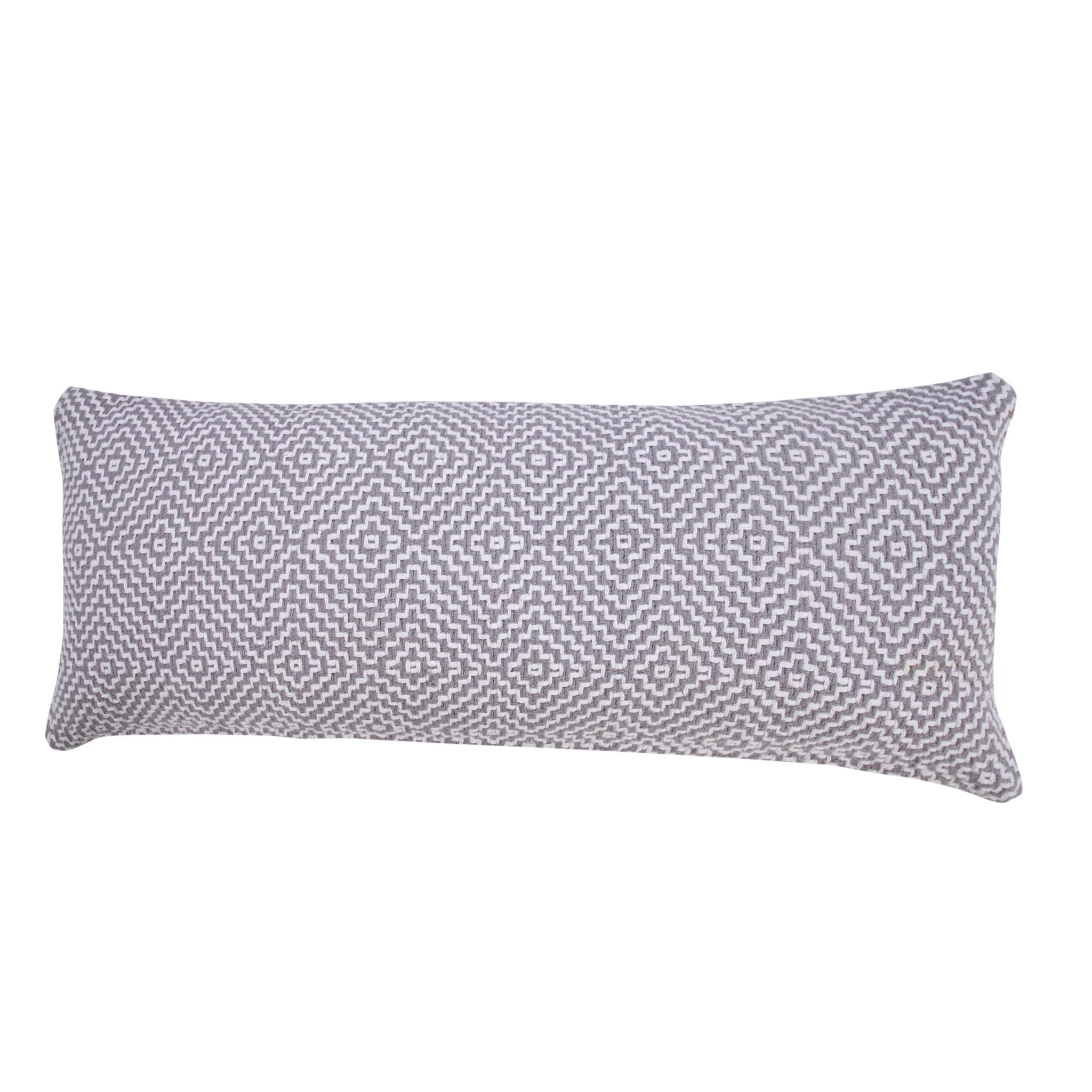 14" X 36" Gray And White 100% Cotton Geometric Zippered Pillow