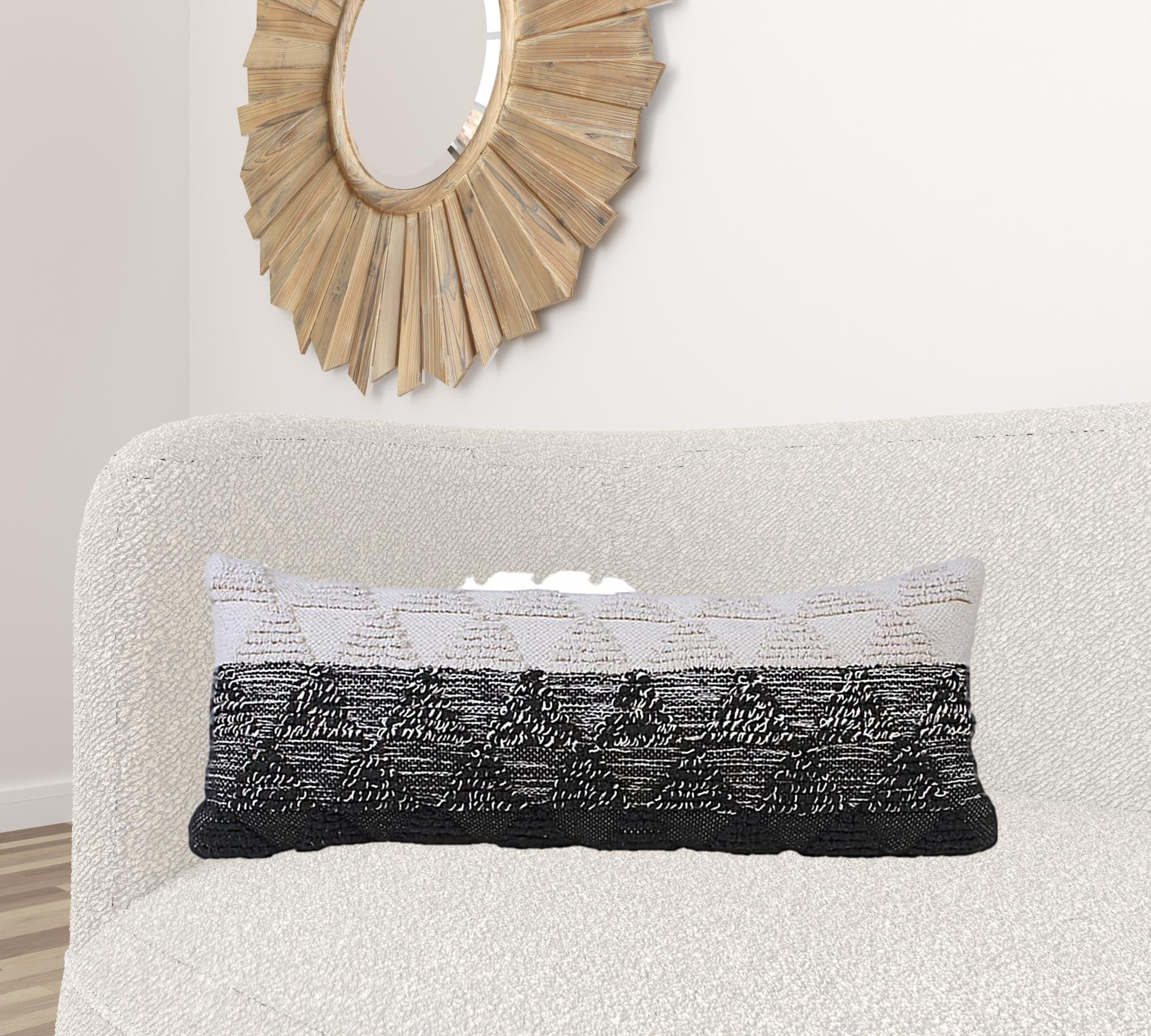 14" X 36" Black And Off-White 100% Cotton Geometric Zippered Pillow