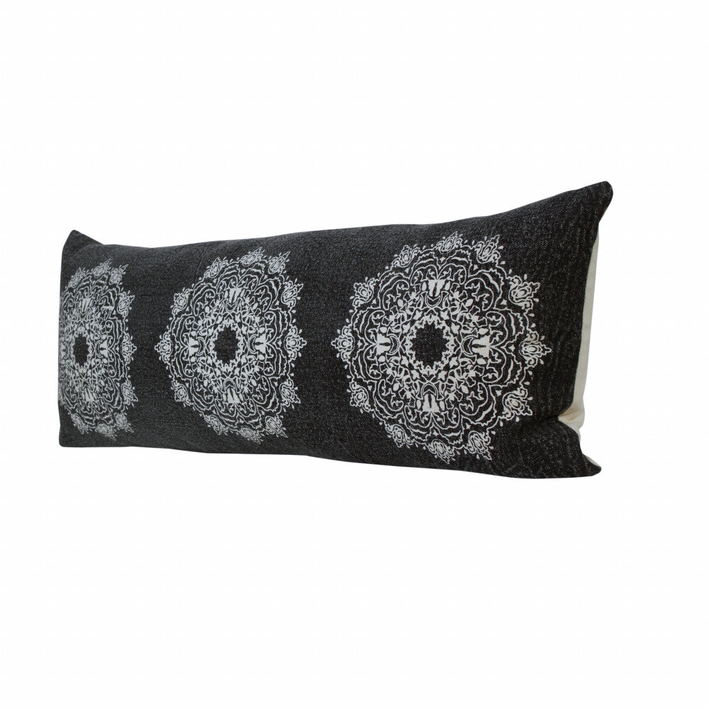 14" X 36" Jet Black And White 100% Cotton Geometric Zippered Pillow