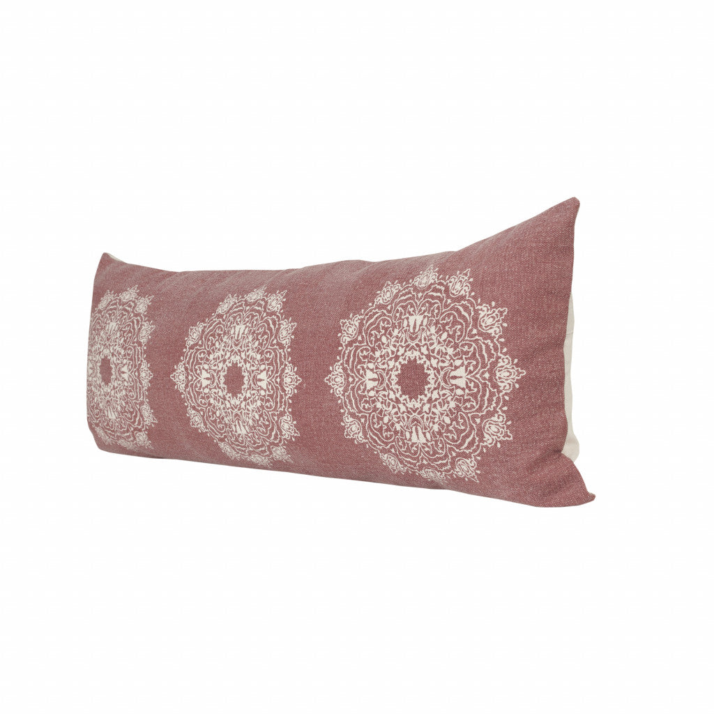 14" X 36" Dusty Rose And White 100% Cotton Geometric Zippered Pillow