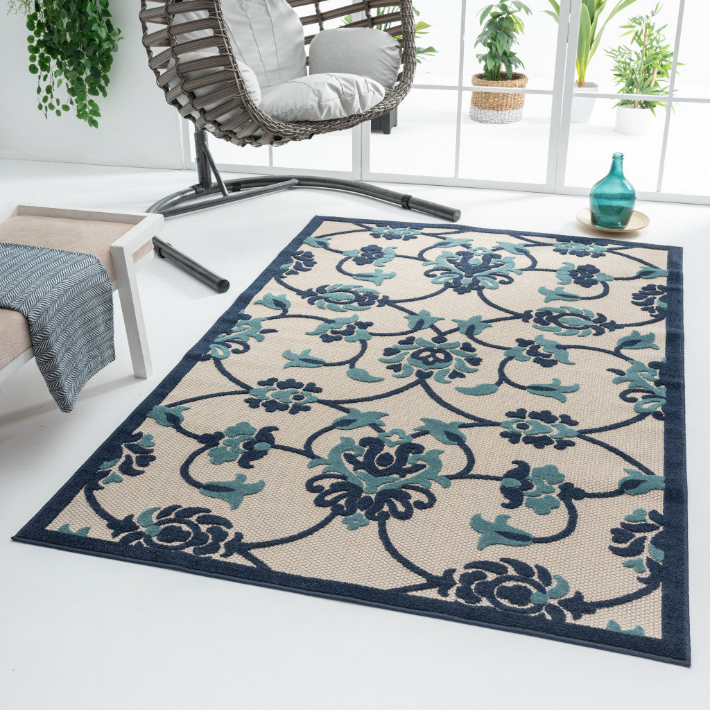 4' X 6' Blue Floral Non Skid Indoor Outdoor Area Rug