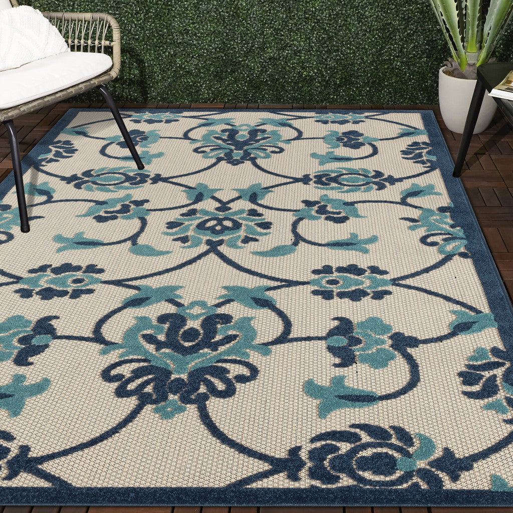 8' X 10' Blue Floral Non Skid Indoor Outdoor Area Rug