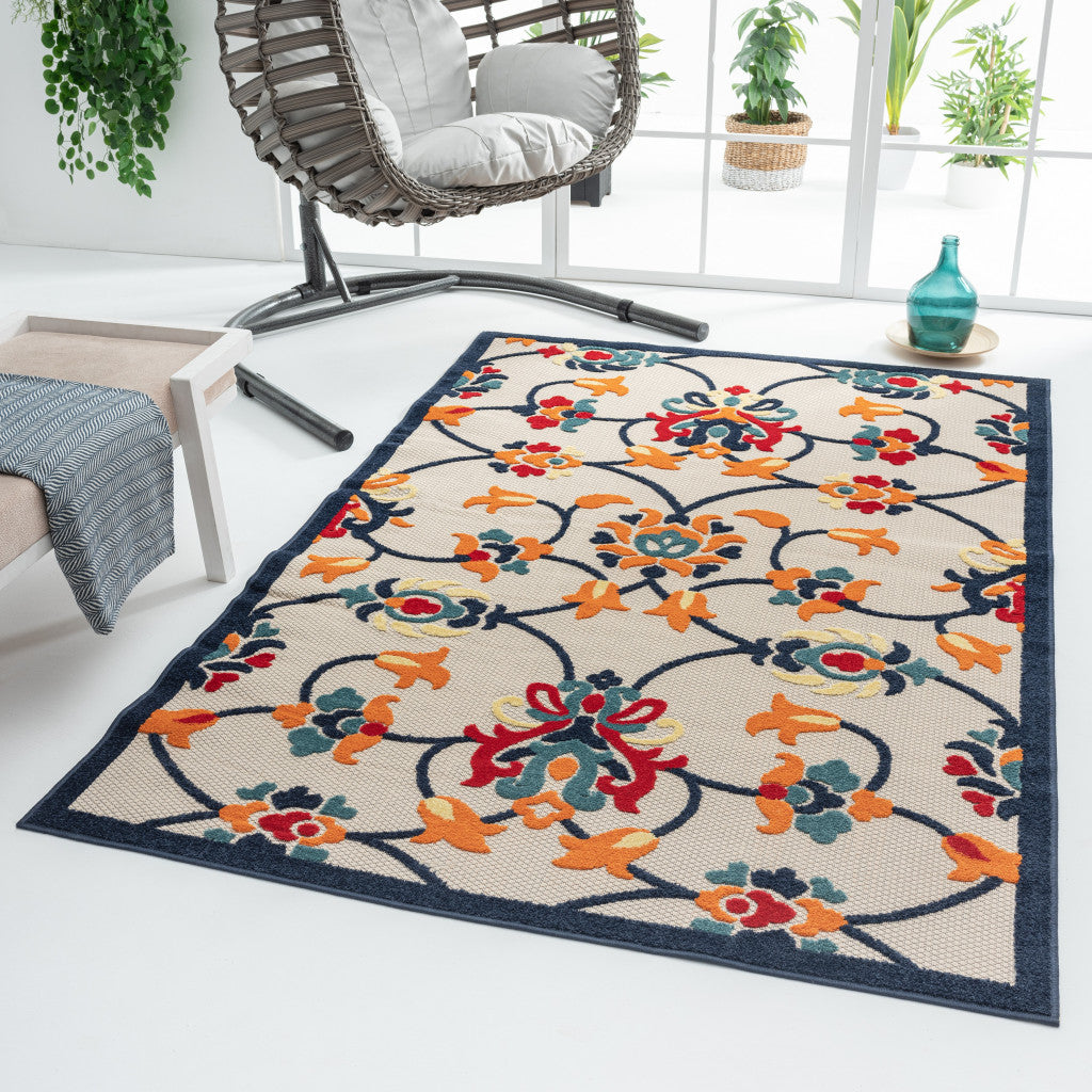 5' X 8' Blue And Orange Floral Non Skid Indoor Outdoor Area Rug