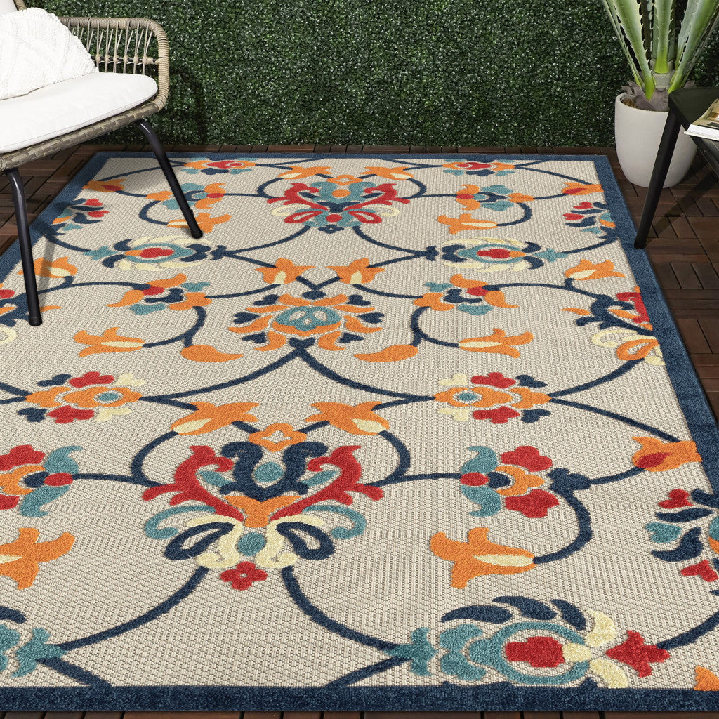 5' X 8' Blue And Orange Floral Non Skid Indoor Outdoor Area Rug