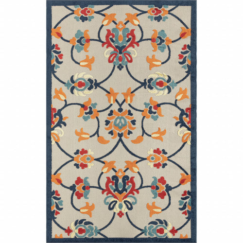 8' X 10' Blue And Orange Floral Non Skid Indoor Outdoor Area Rug