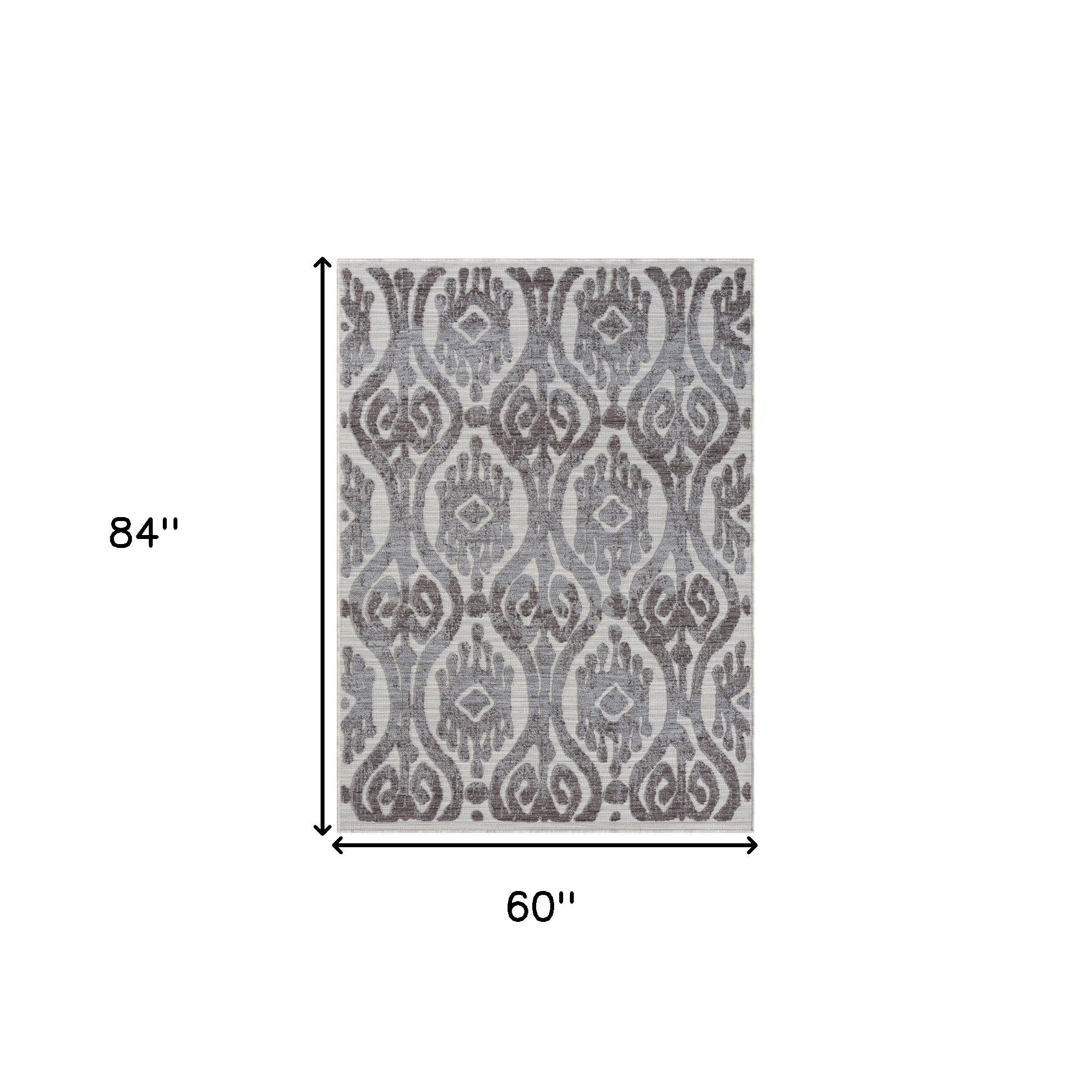 5' X 7' Blue And Gray Damask Indoor Outdoor Area Rug