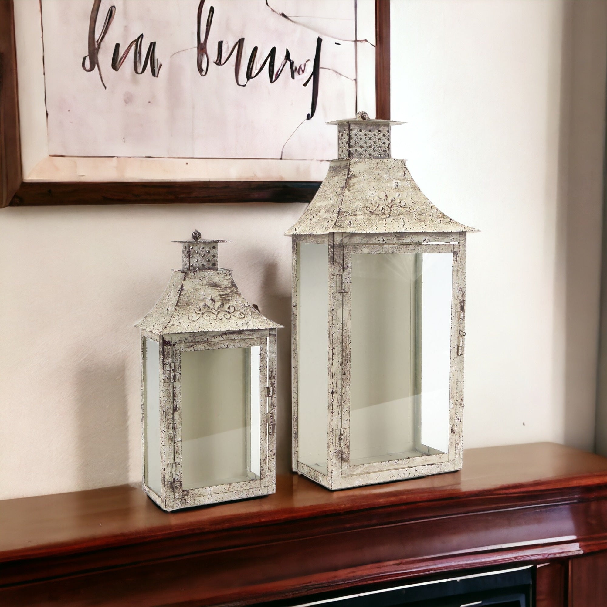 Set Of Two Beige Flameless Floor Lantern Candle Holder