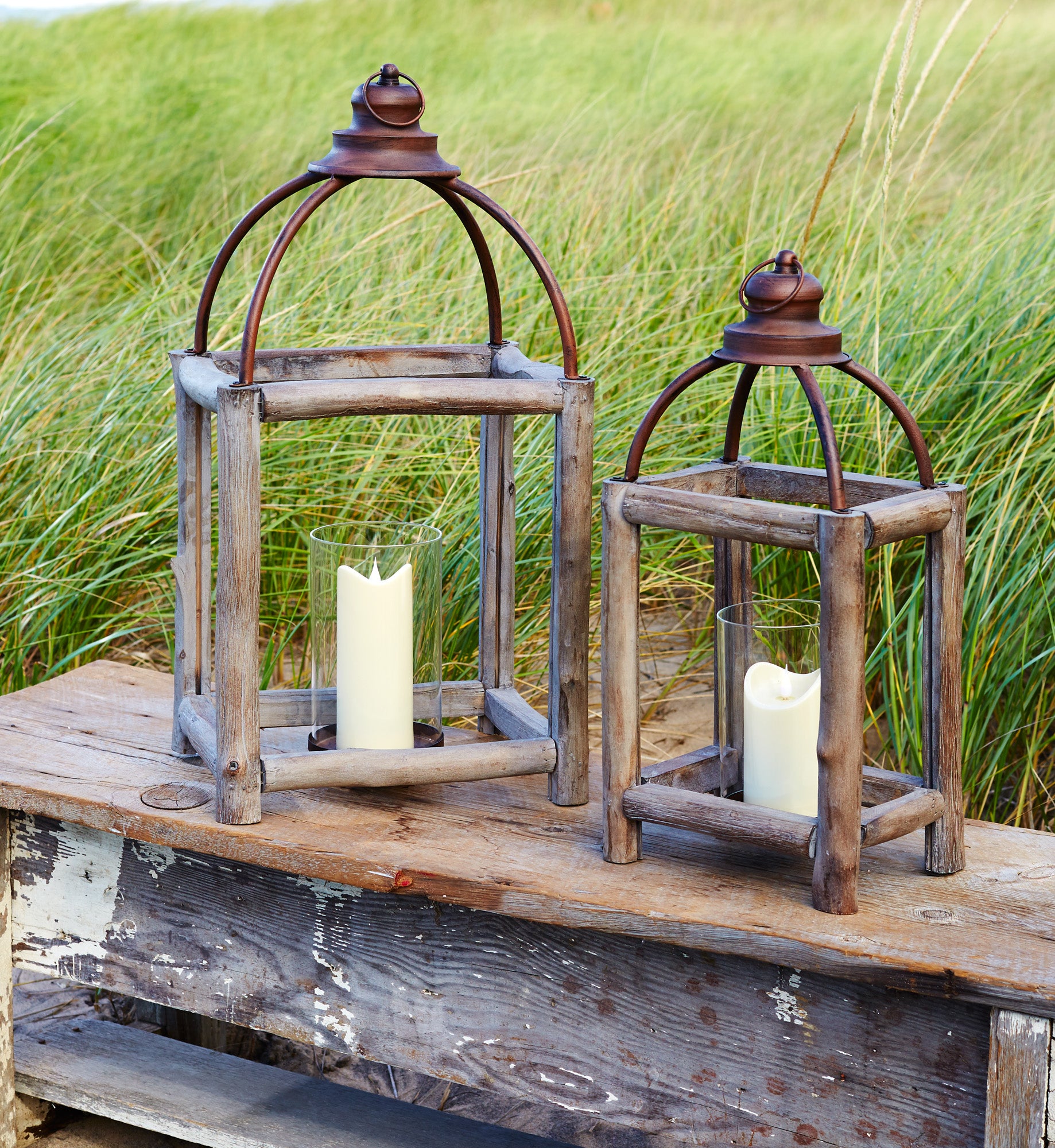 Set Of Two Gray Flameless Floor Lantern Candle Holder