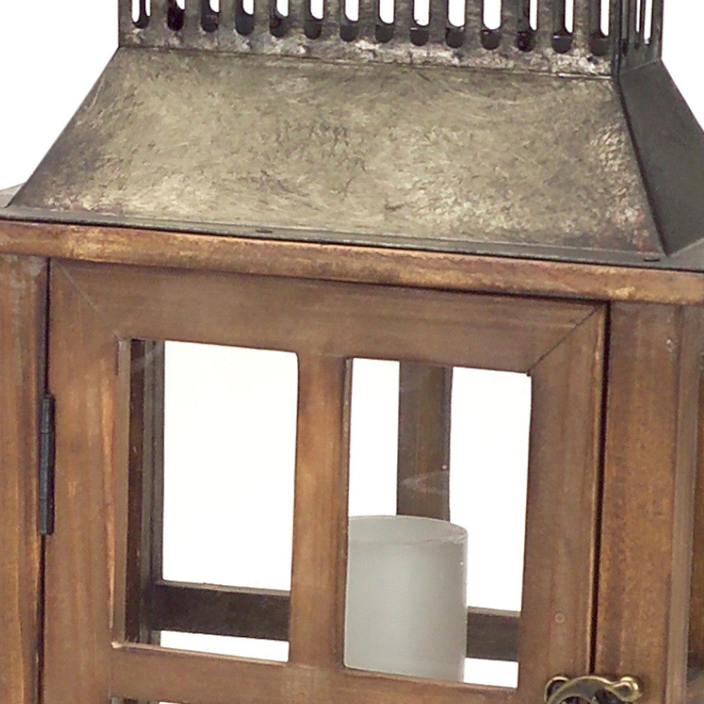 Set Of Two Brown Flameless Floor Lantern Candle Holder