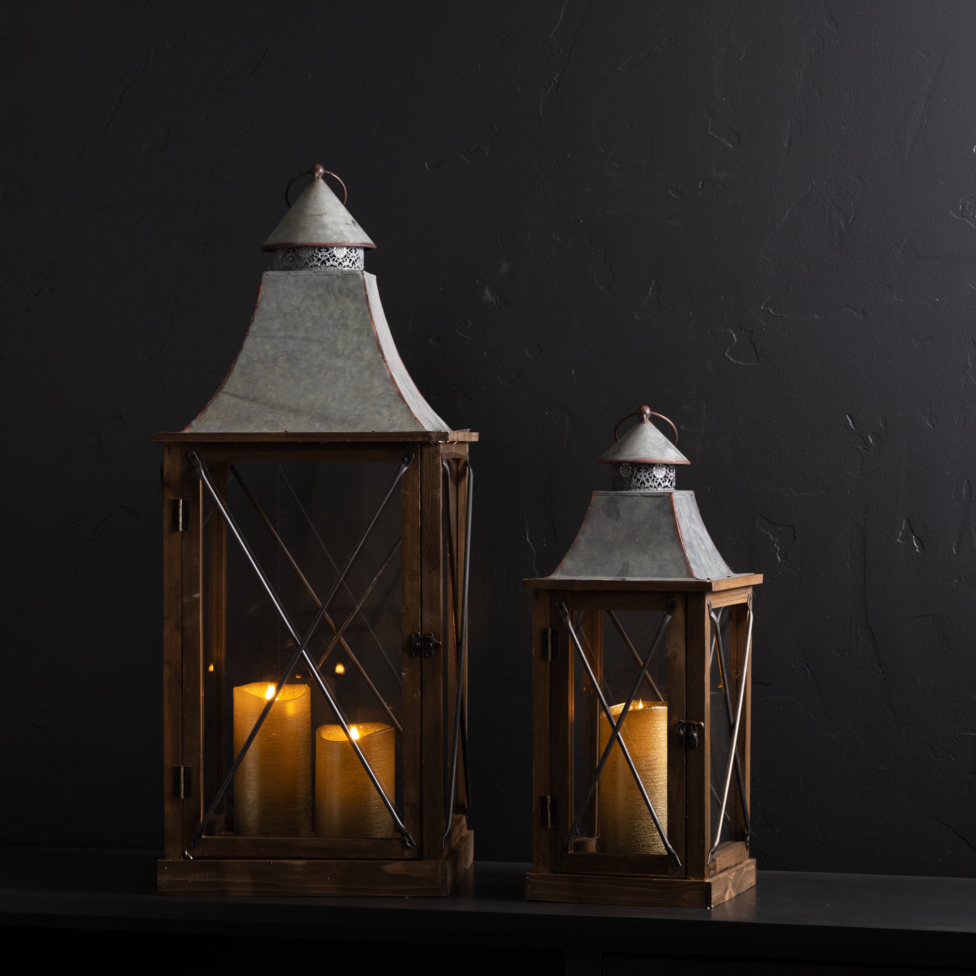 Set Of Two Brown Flameless Floor Lantern Candle Holder