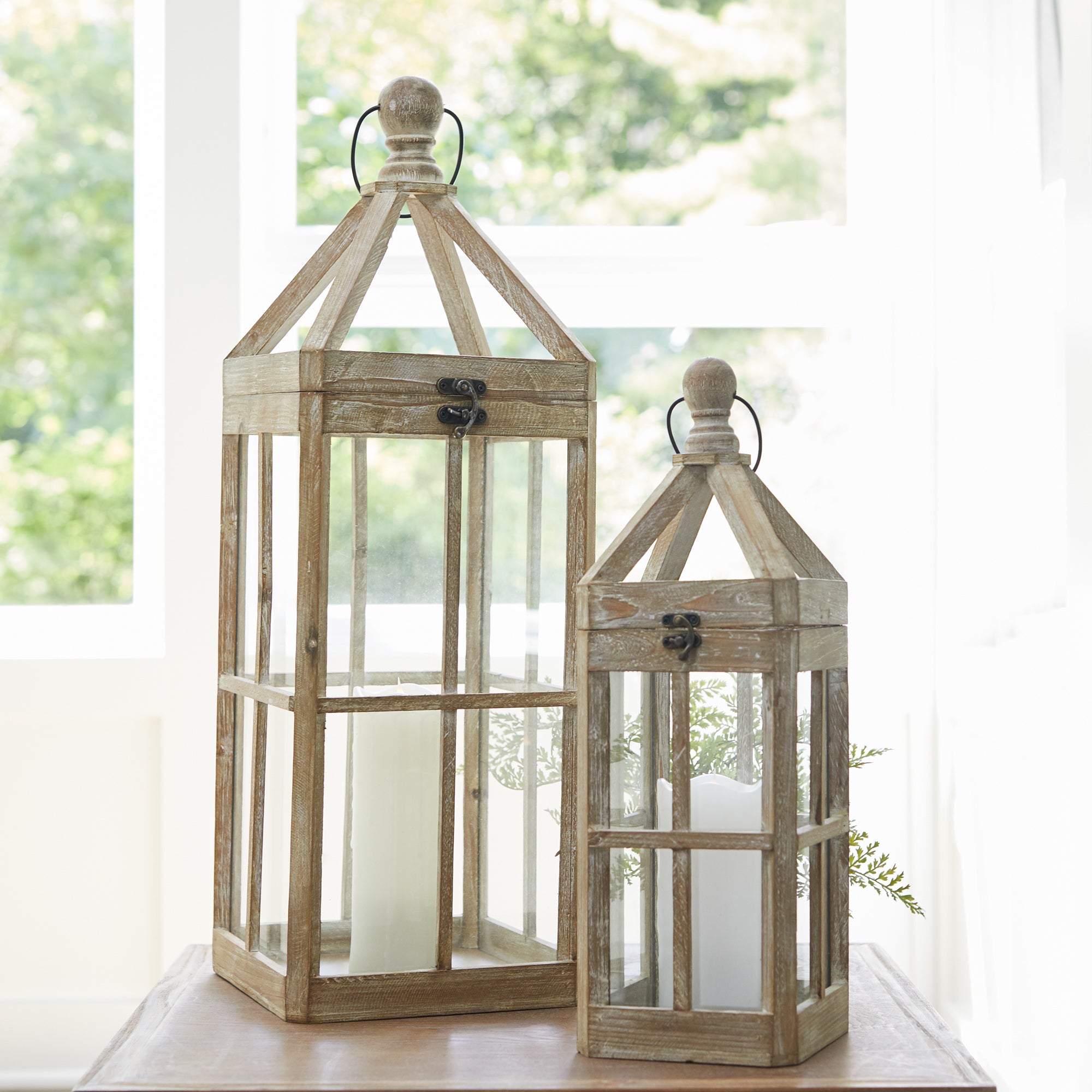 Set Of Two Brown Flameless Floor Lantern Candle Holder