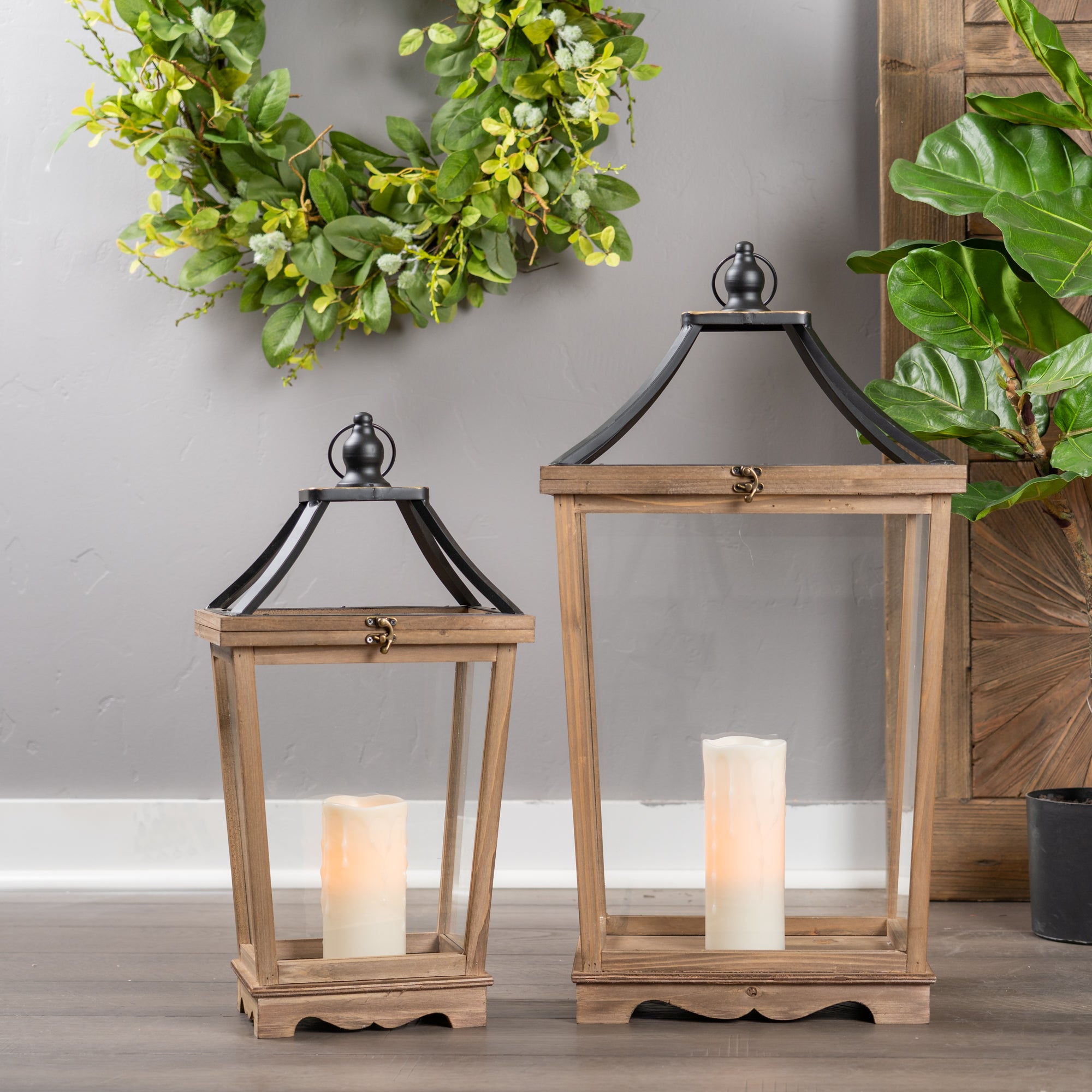 Set Of Two Brown Flameless Floor Lantern Candle Holder