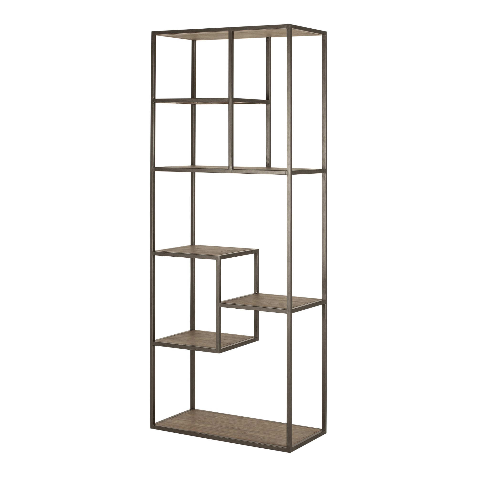 79" Reclaimed Wood and Metal Seven Tier Asymmetrical Bookcase