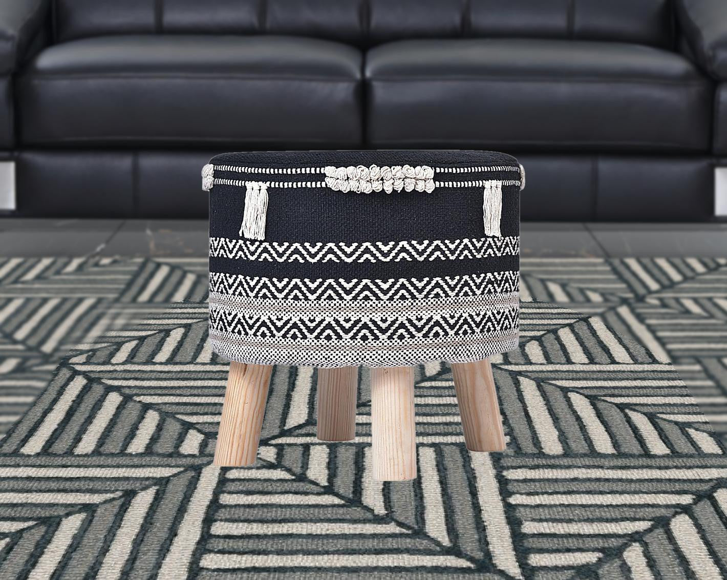 16" Black And White Cotton And Natural Round Chevron Ottoman