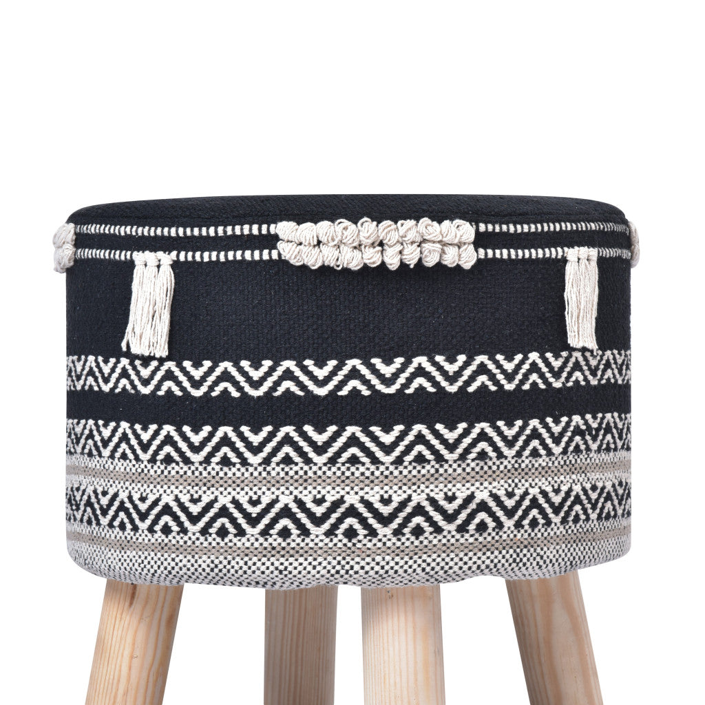 16" Black And White Cotton And Natural Round Chevron Ottoman