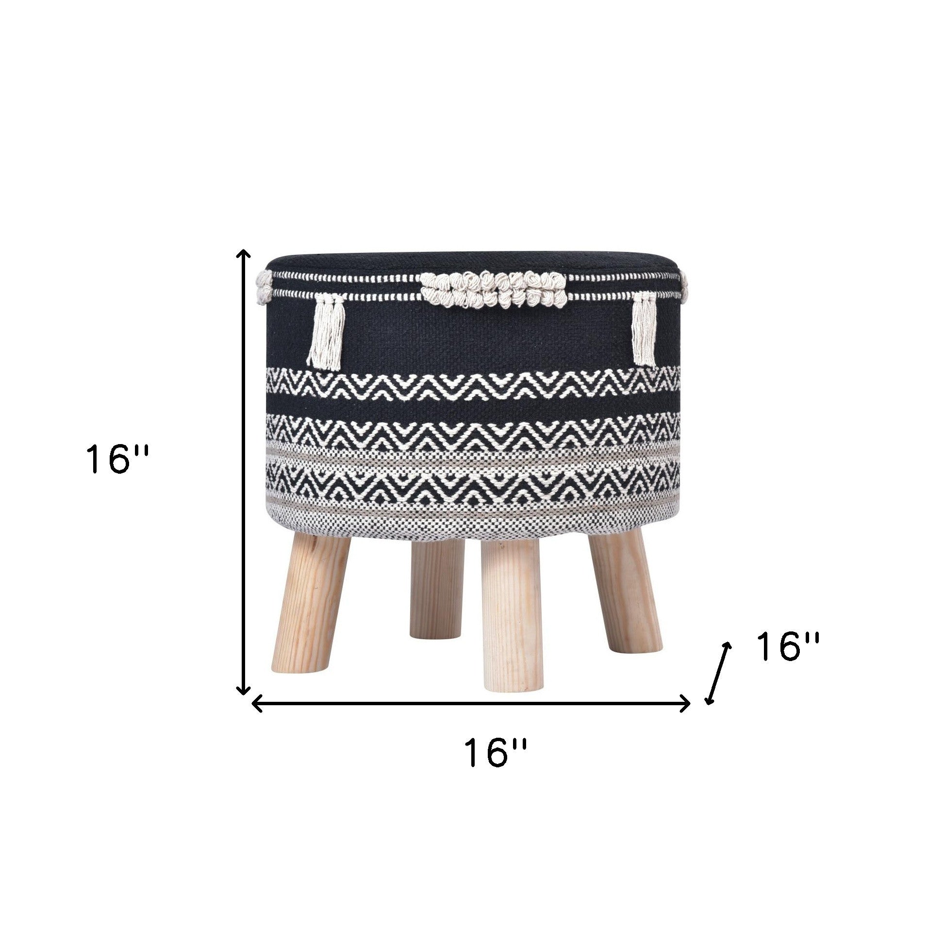 16" Black And White Cotton And Natural Round Chevron Ottoman