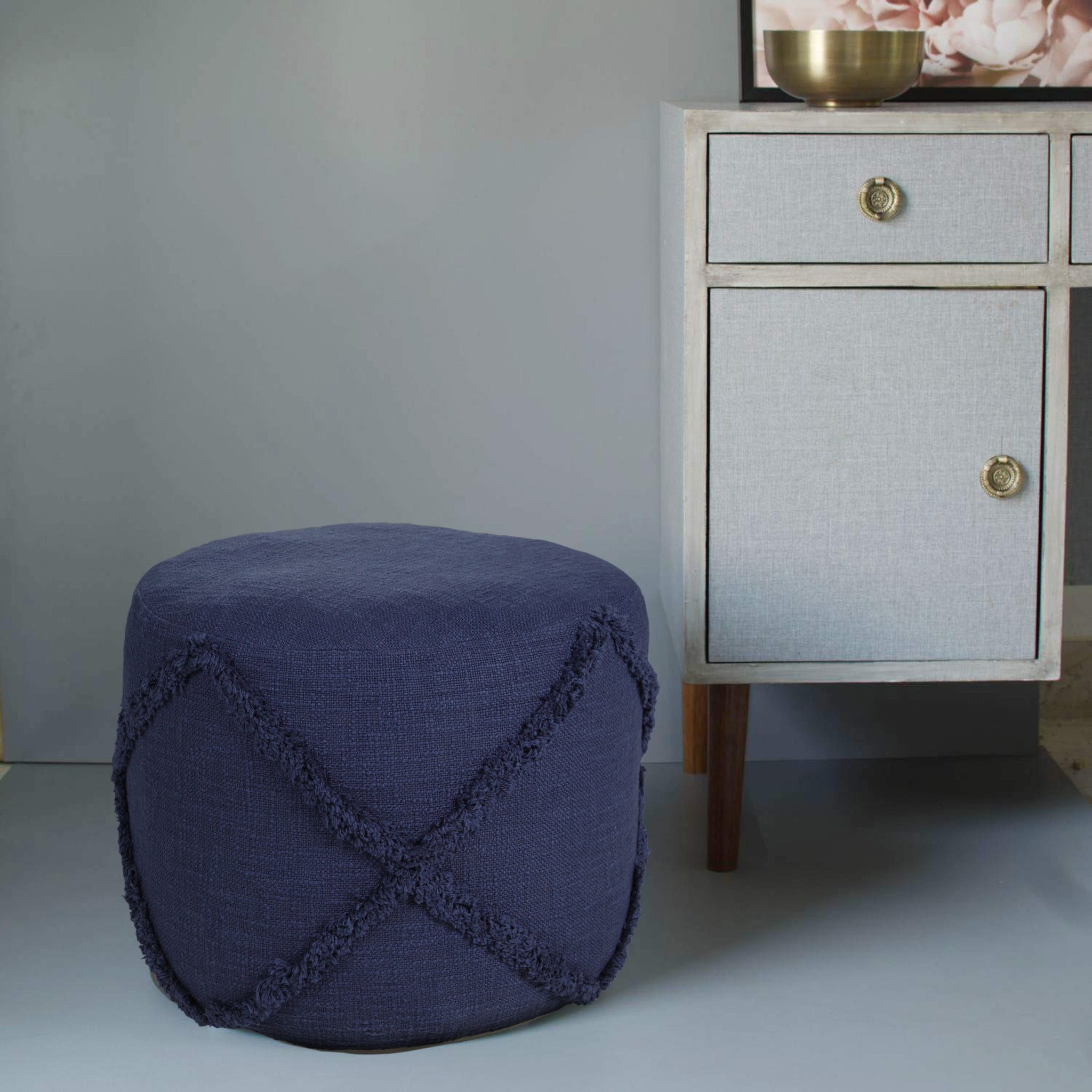 18" Blue 100% Cotton Ottoman