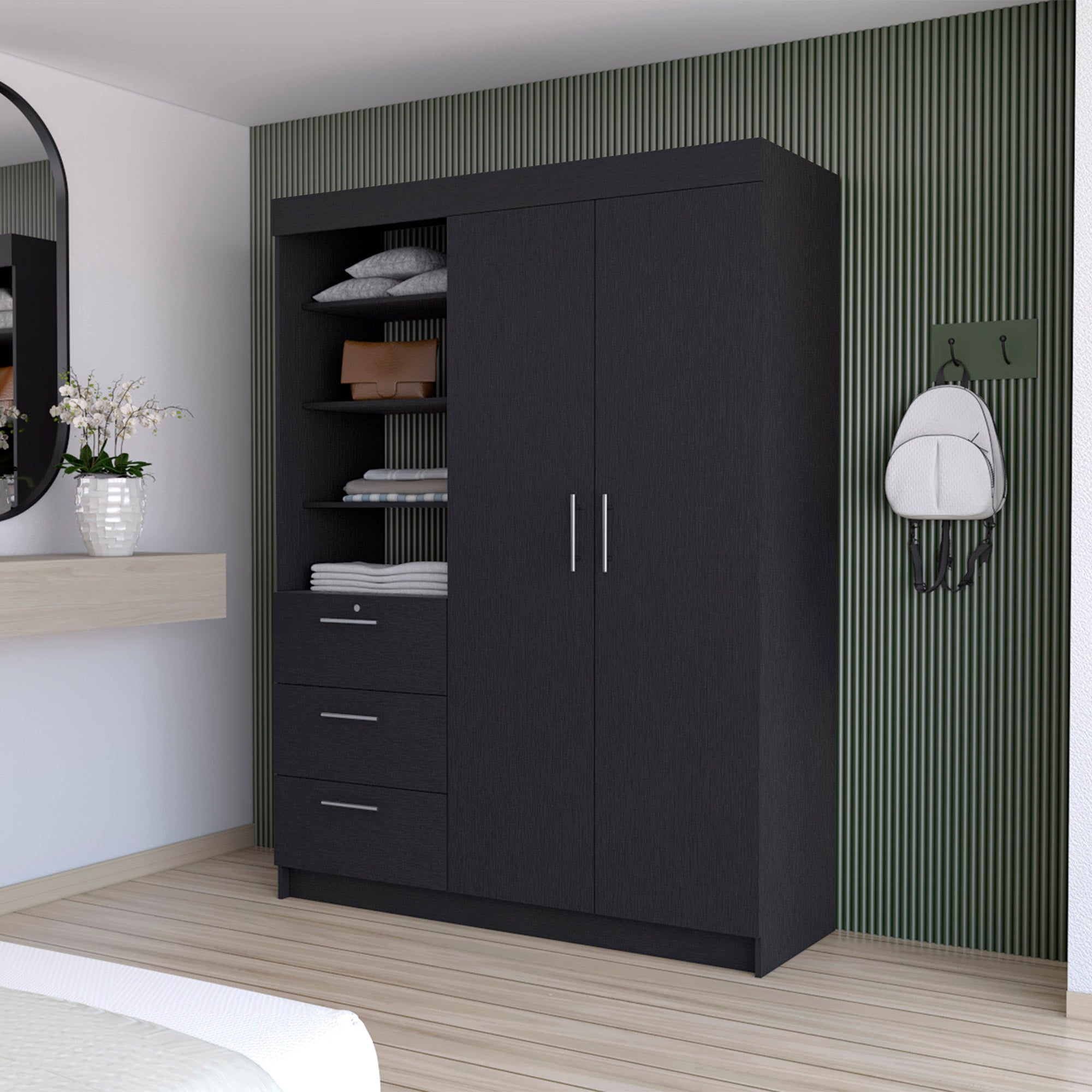 59" Black Accent Cabinet Soft Close With Three Shelves And One Drawer