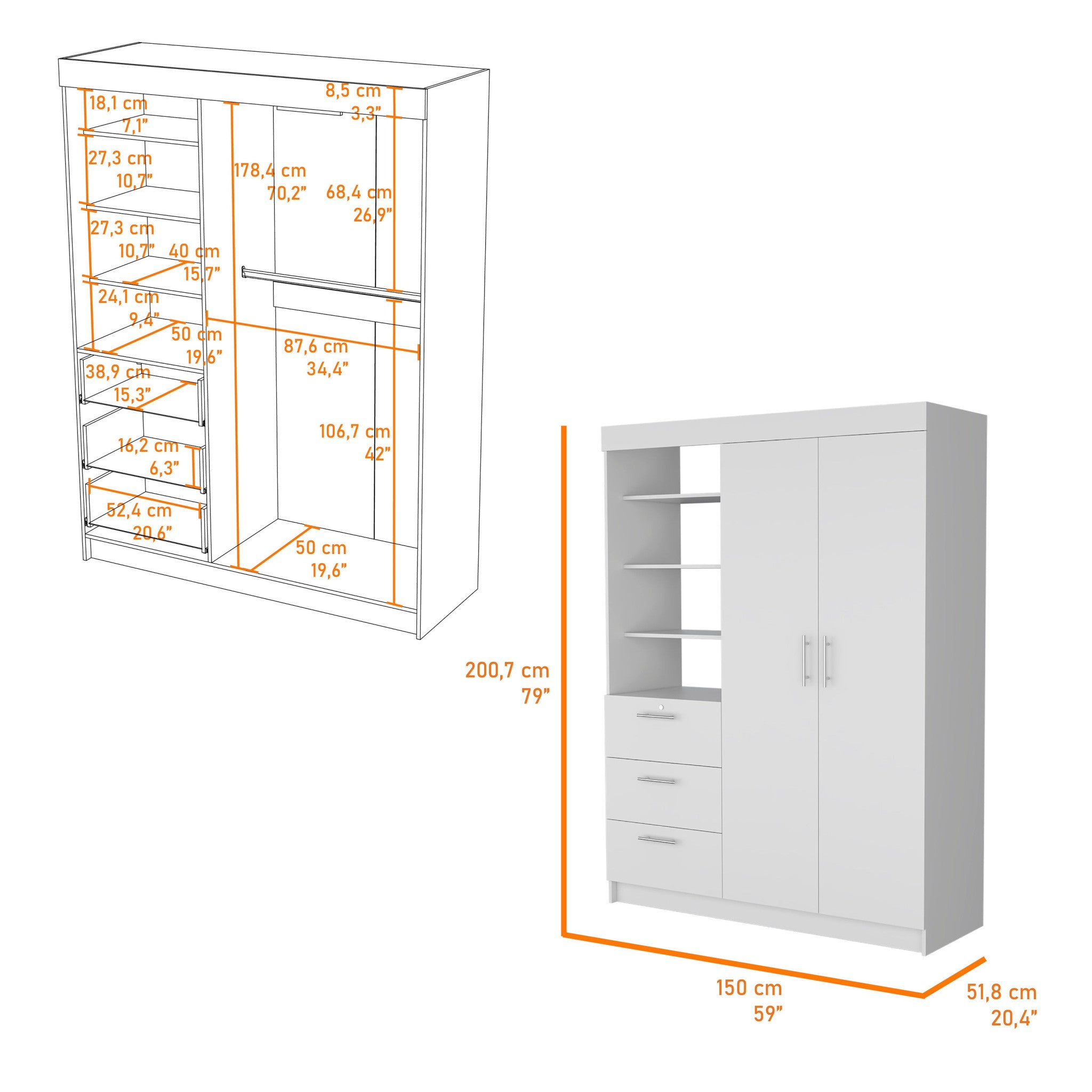 59" White Accent Cabinet Soft Close With Three Shelves And Three Drawers