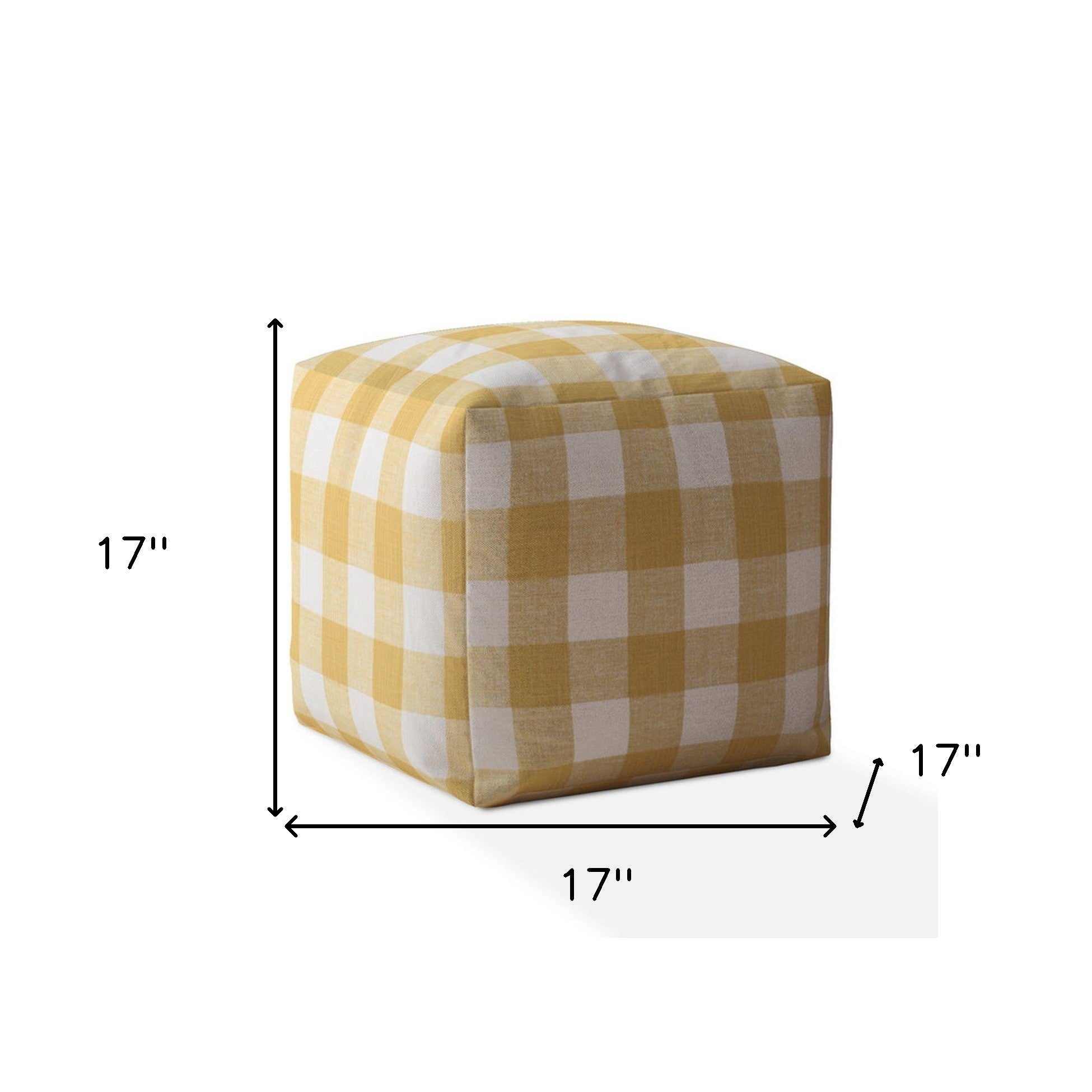 17" Yellow And White Canvas Gingham Pouf Ottoman