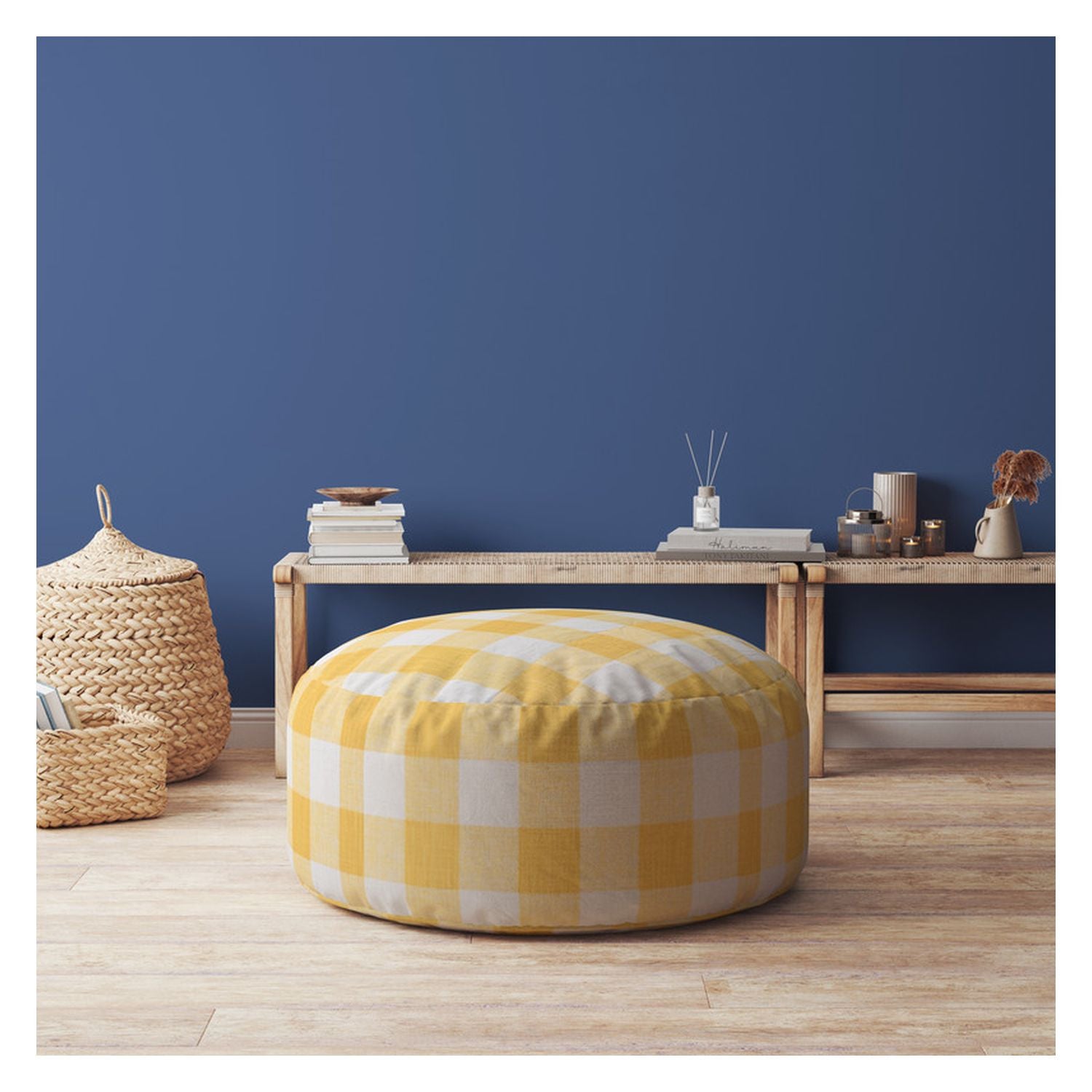 24" Yellow And White Canvas Round Gingham Pouf Ottoman