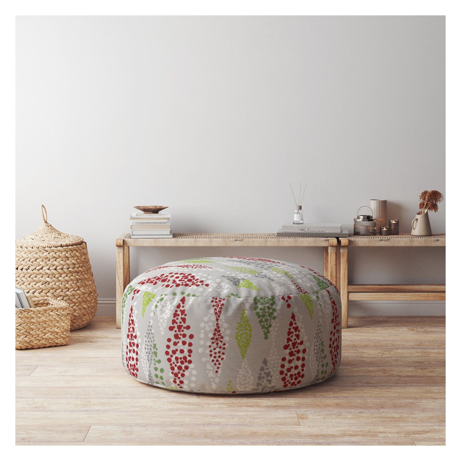 24" Ivory Cotton Round Polka Dots Pouf Ottoman