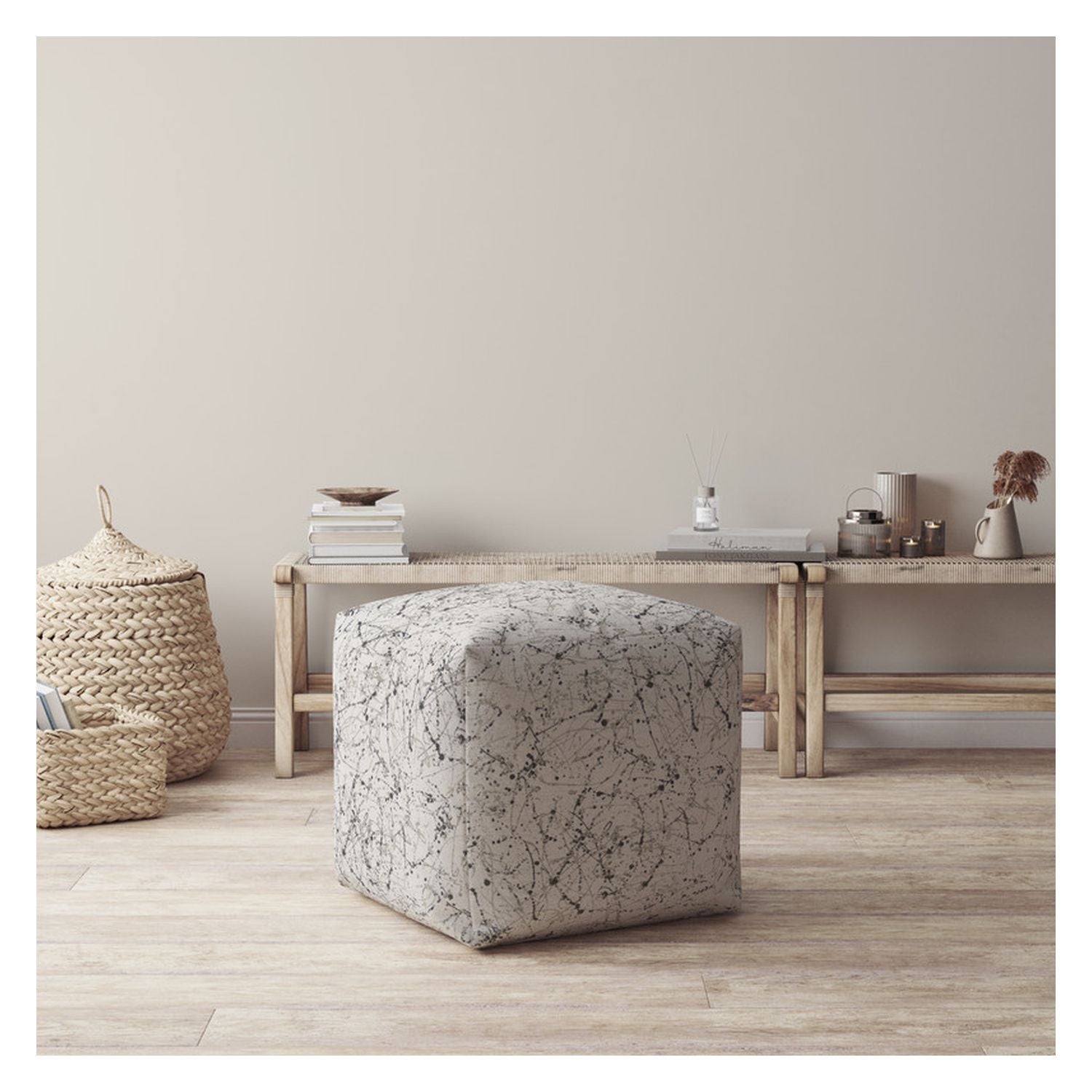 17" Beige Flax Abstract Pouf Ottoman