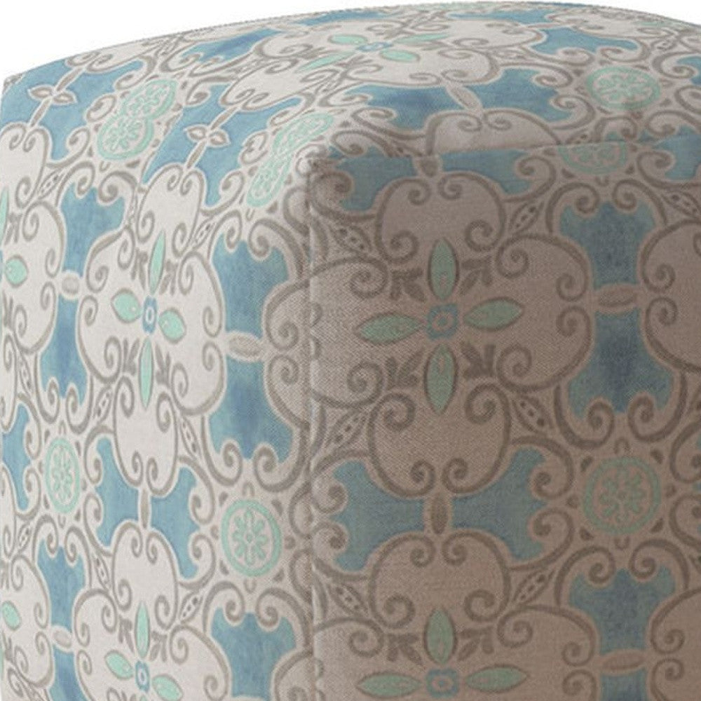 17" Blue Flax Ikat Pouf Ottoman