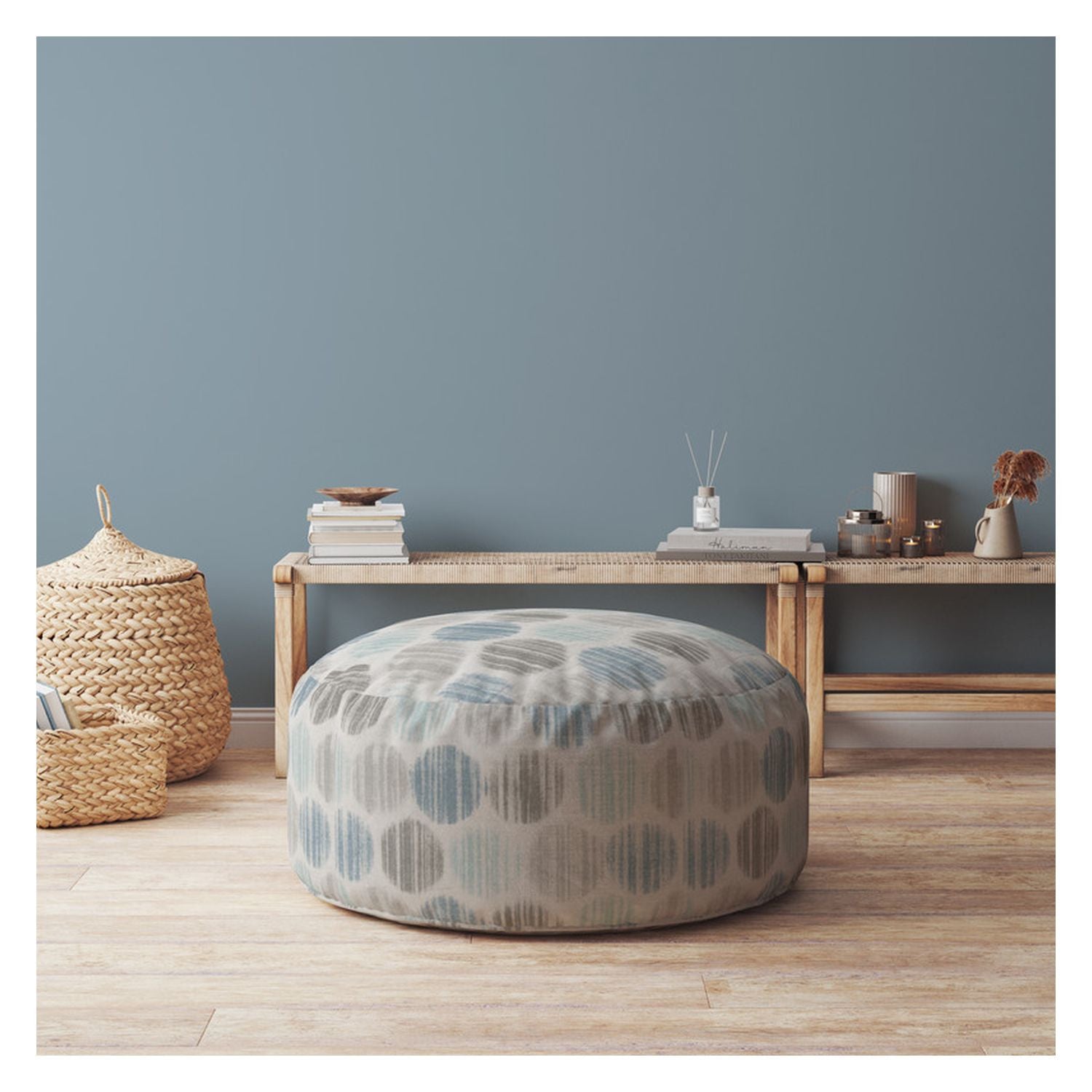 24" Blue Flax Round Polka Dots Pouf Ottoman