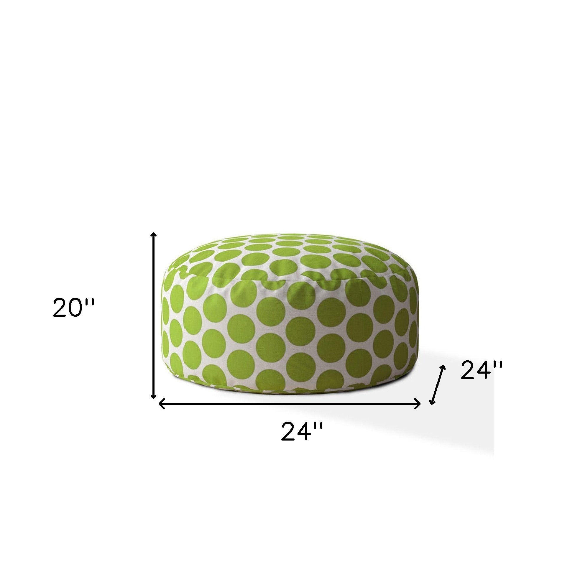 24" Green And White Cotton Round Polka Dots Pouf Ottoman