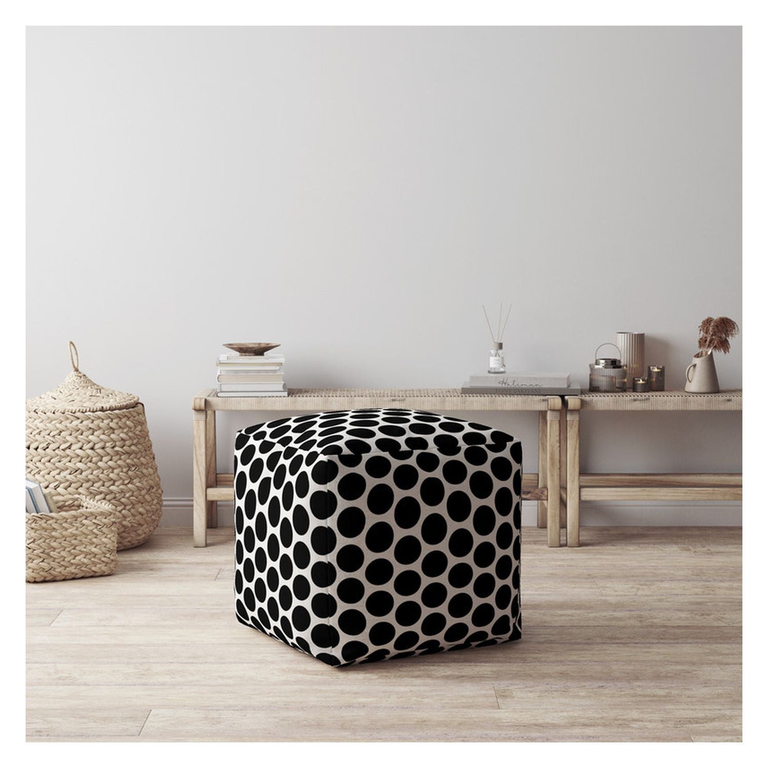 17" Black And White Cotton Polka Dots Pouf Ottoman