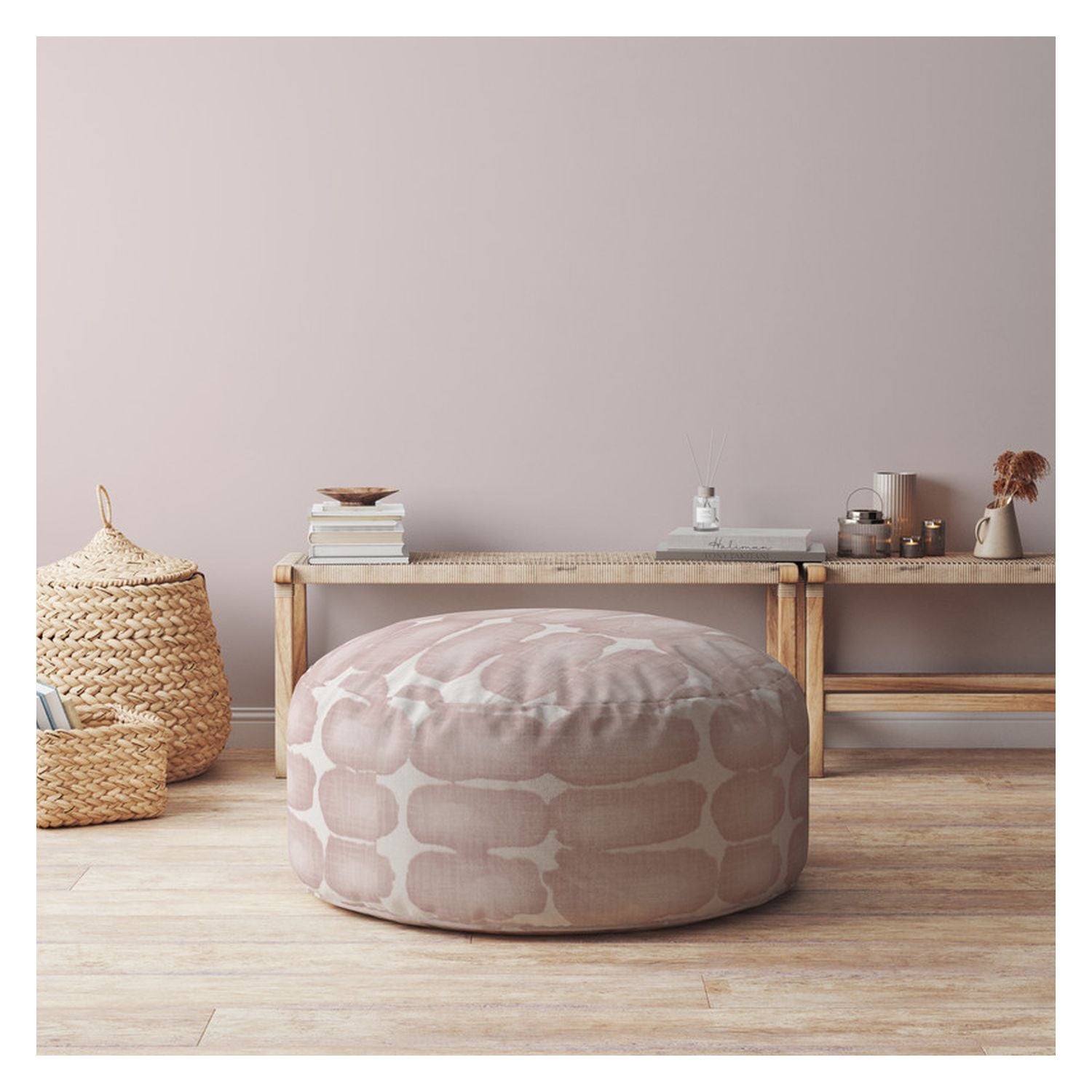 24" Pink And White Canvas Round Abstract Pouf Ottoman