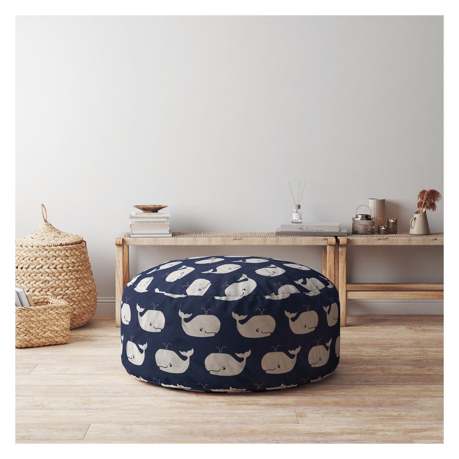 24" Blue And White Twill Round Animal Print Pouf Ottoman