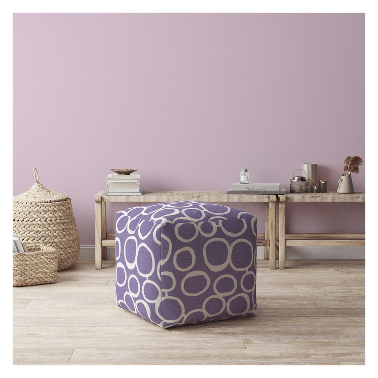 17" Purple And White Cotton Abstract Pouf Ottoman