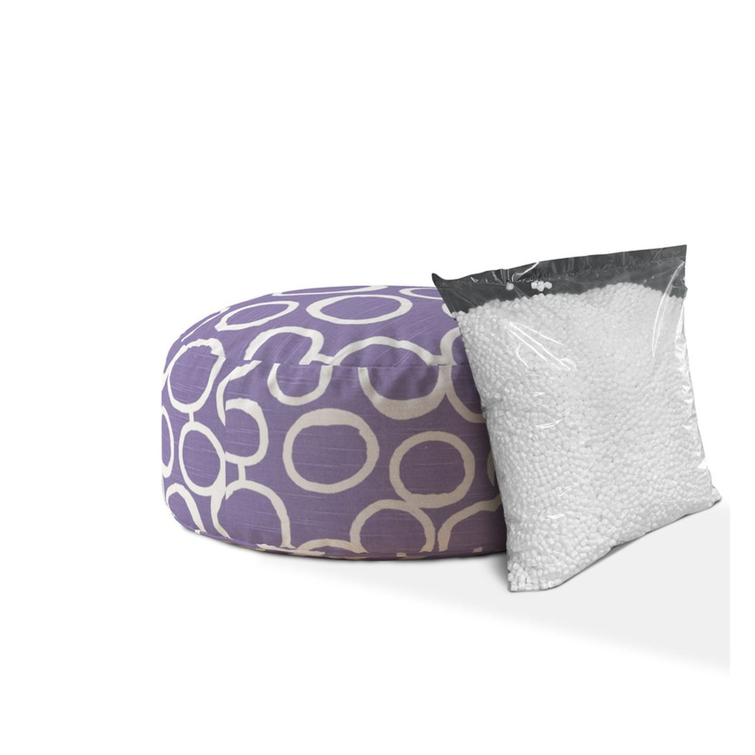 24" Purple And White Cotton Round Abstract Pouf Ottoman