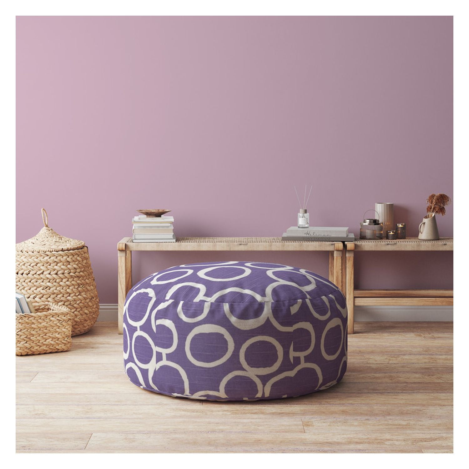 24" Purple And White Cotton Round Abstract Pouf Ottoman