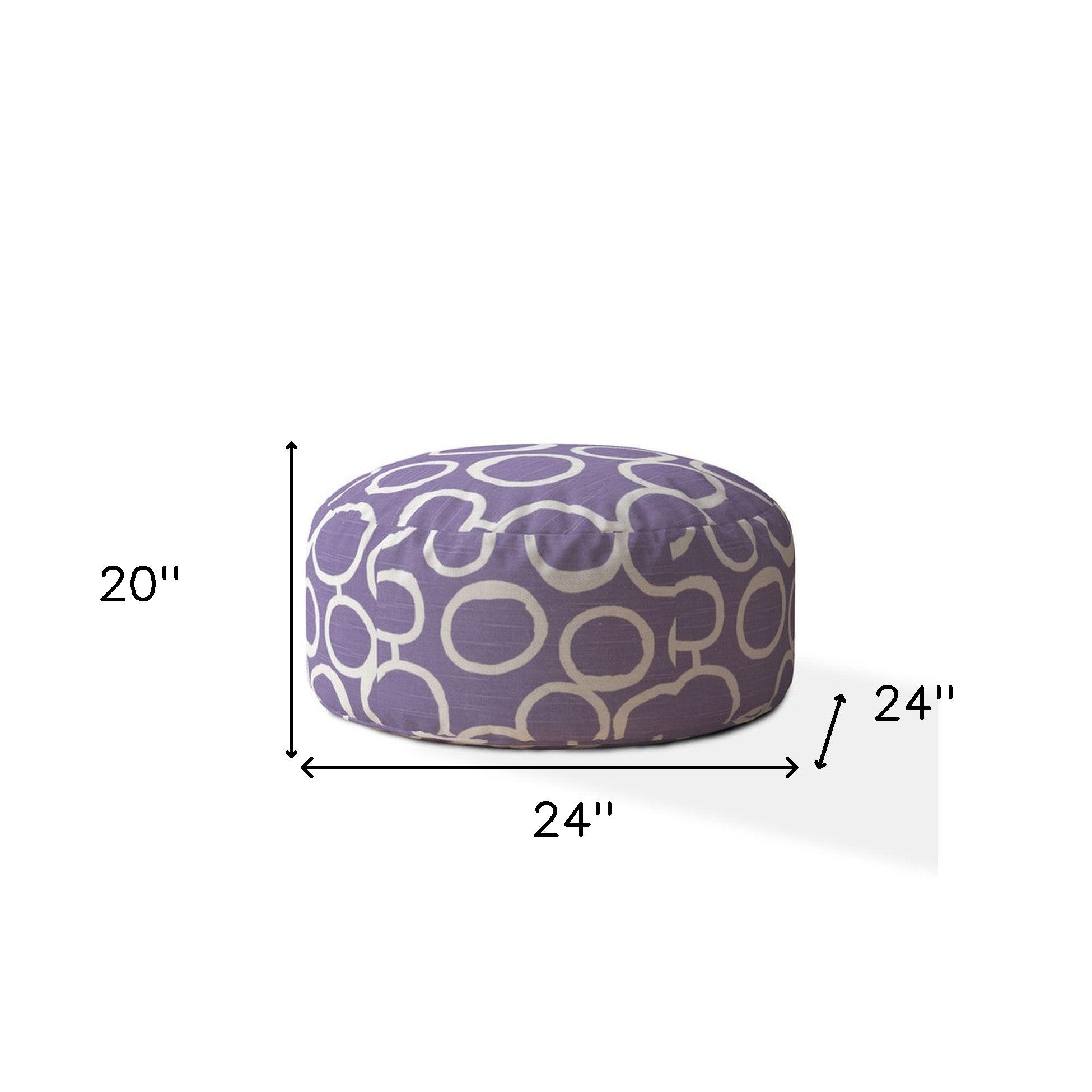 24" Purple And White Cotton Round Abstract Pouf Ottoman