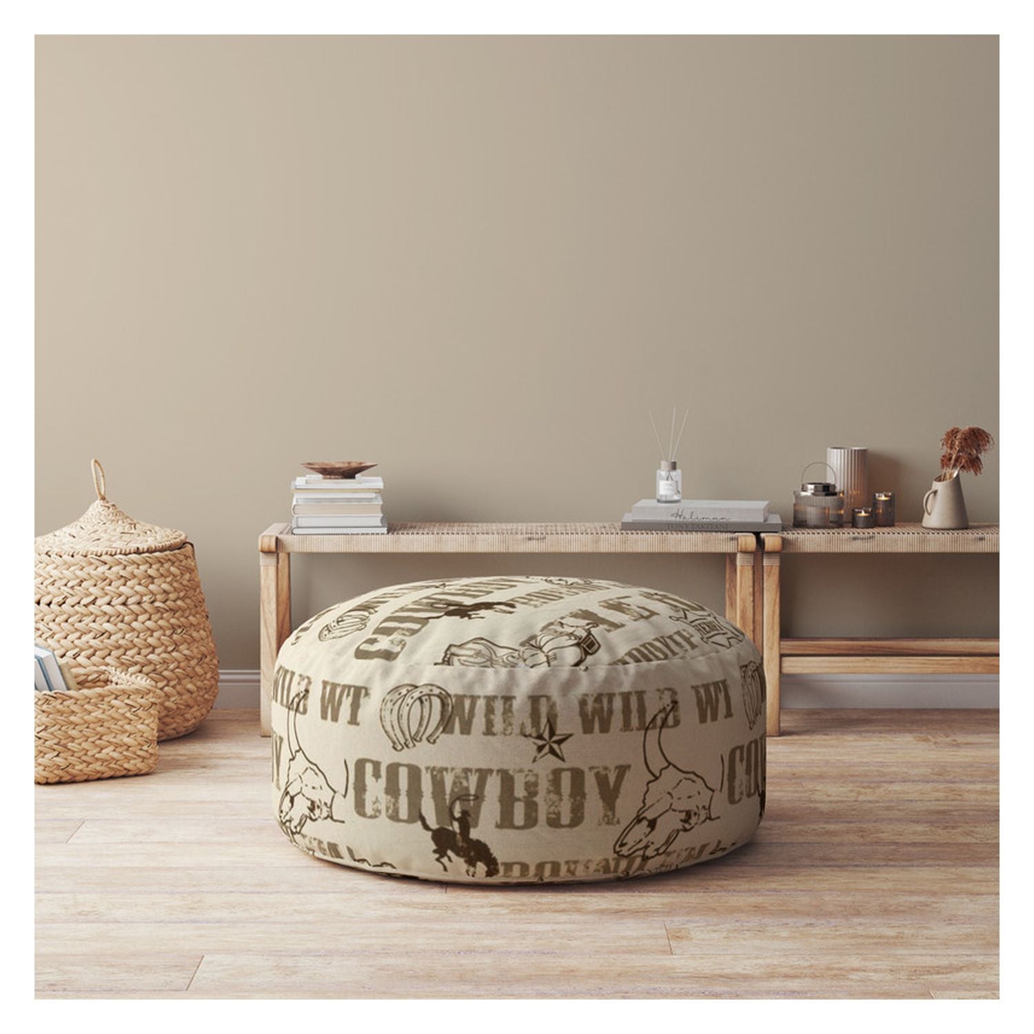 24" Brown Cotton Round Animal Print Pouf Ottoman