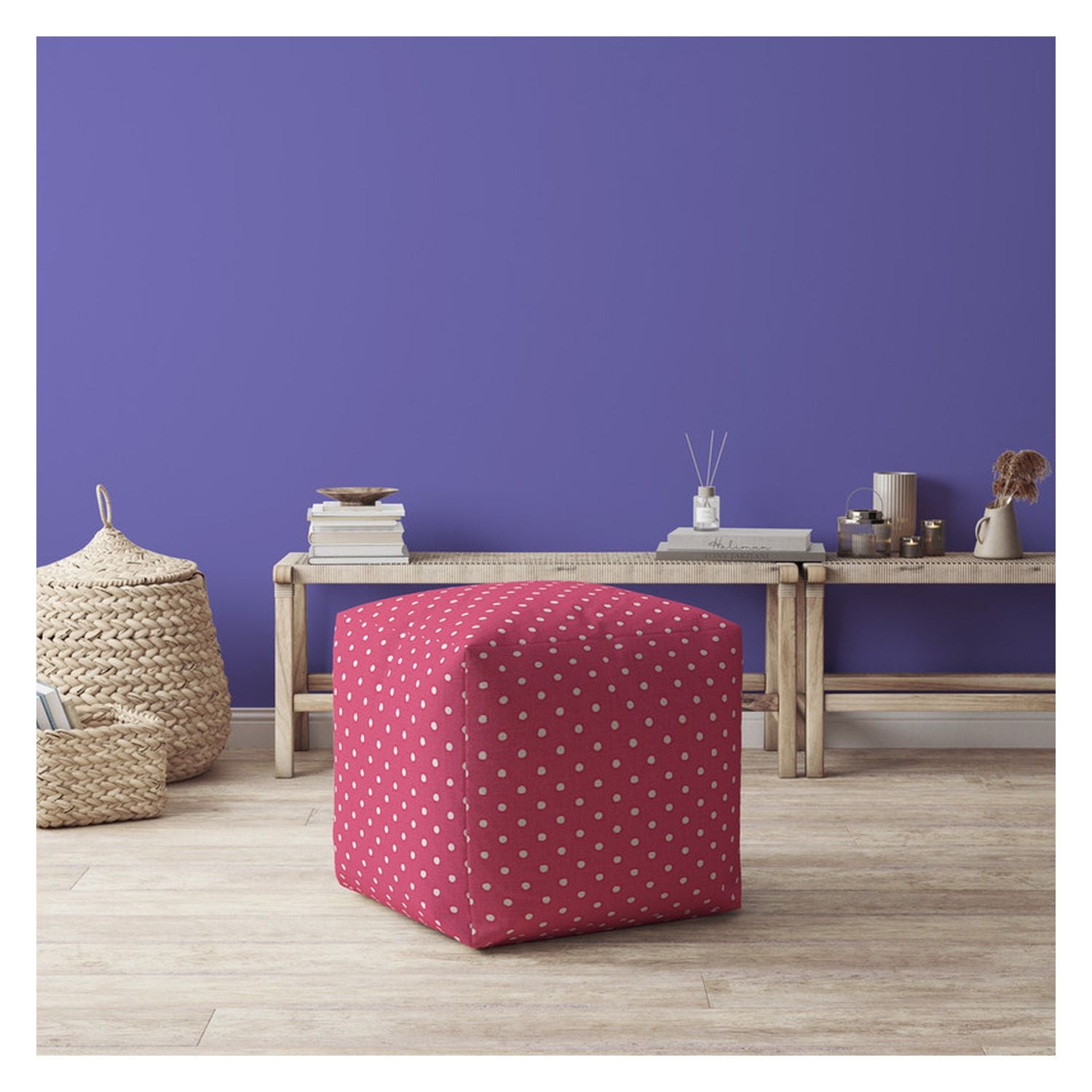 17" Pink Cotton Polka Dots Pouf Ottoman