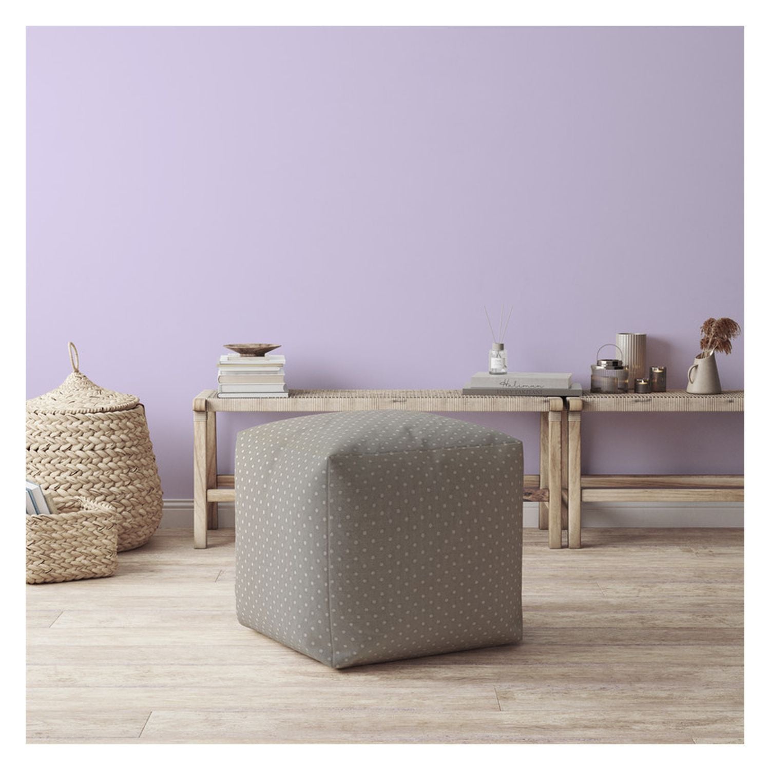 17" Gray Cotton Polka Dots Pouf Ottoman