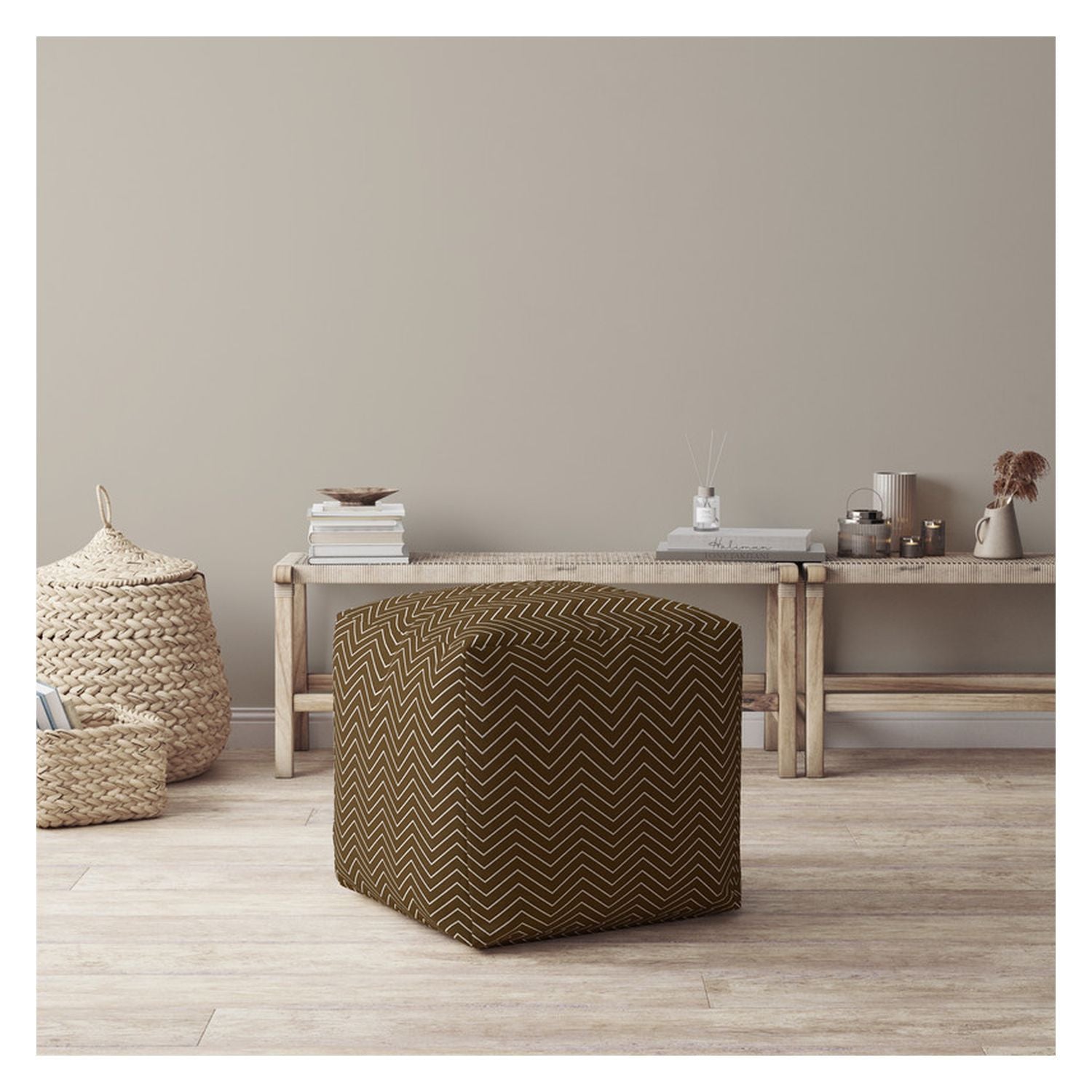 17" Brown Cotton Chevron Pouf Ottoman