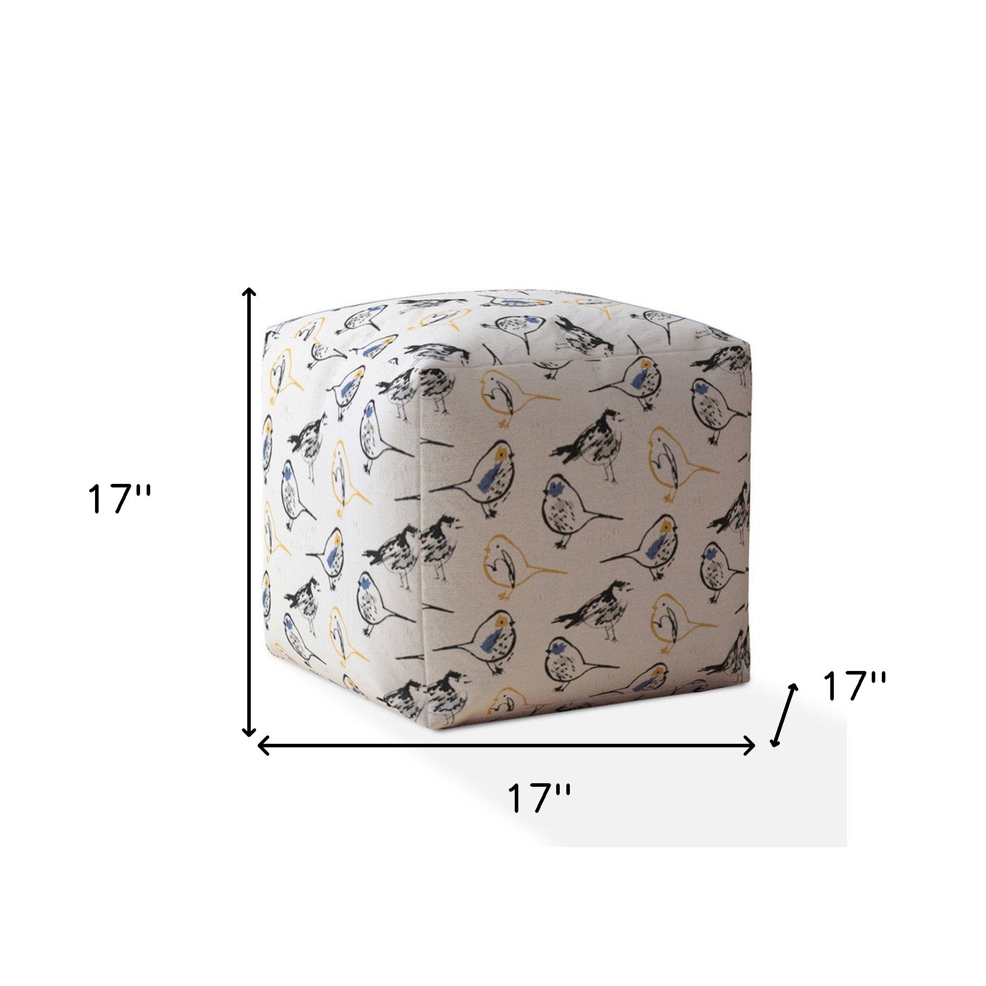 17" Yellow And White Canvas Birds Pouf Ottoman