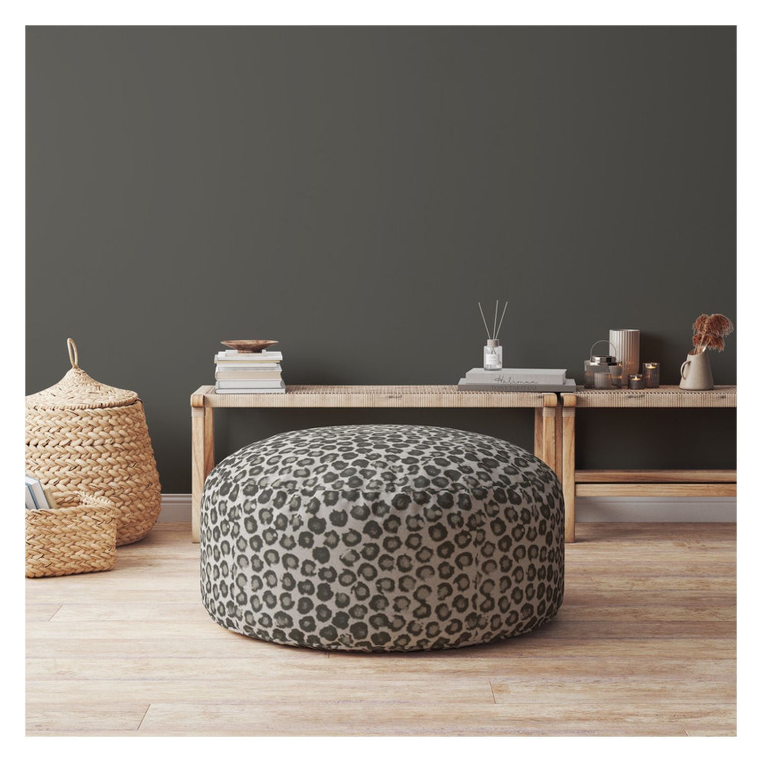 24" Beige Flax Round Floral Pouf Ottoman