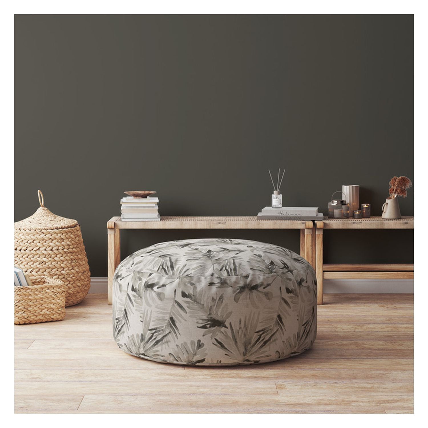 24" Beige Flax Round Floral Pouf Ottoman