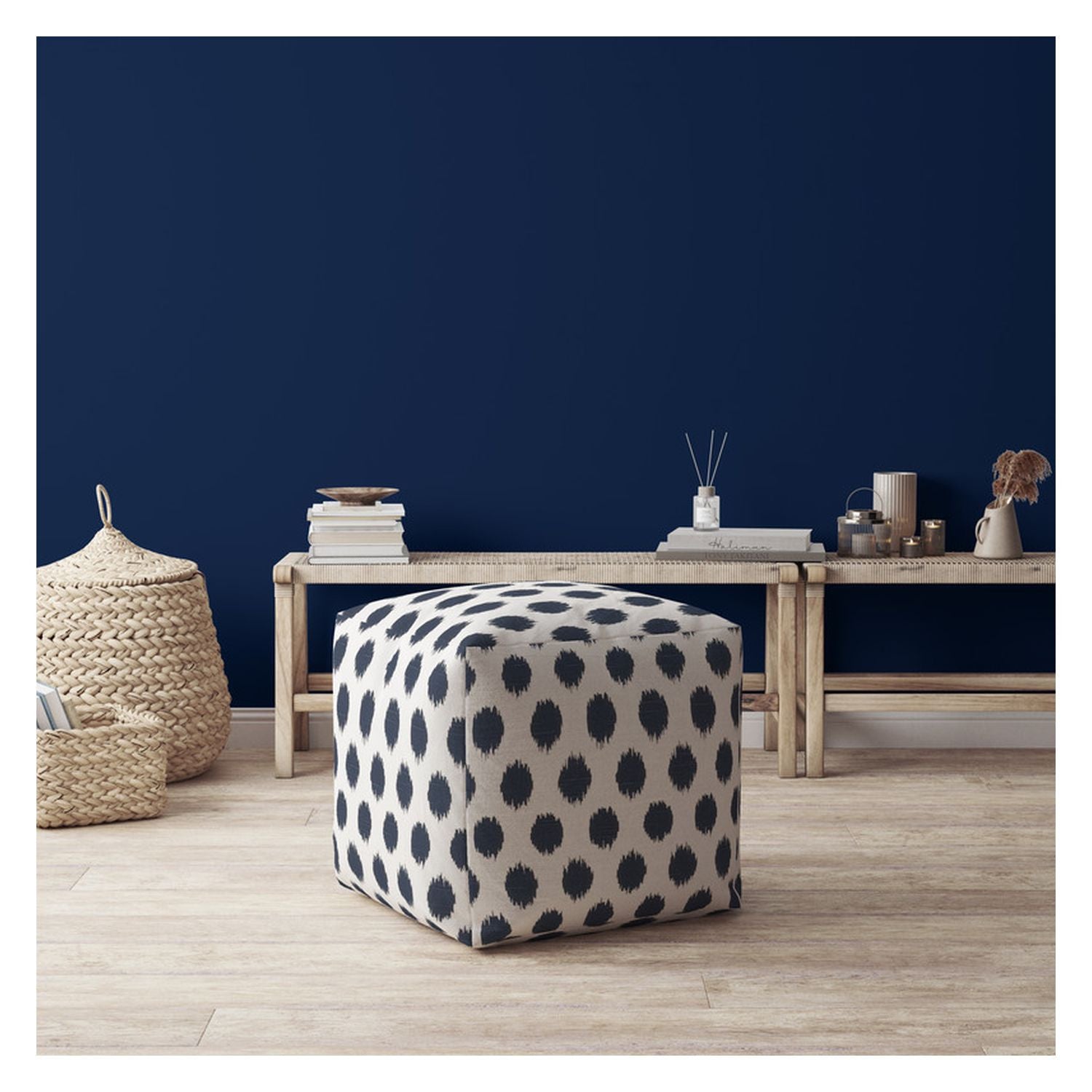 17" Blue And White Canvas Polka Dots Pouf Ottoman