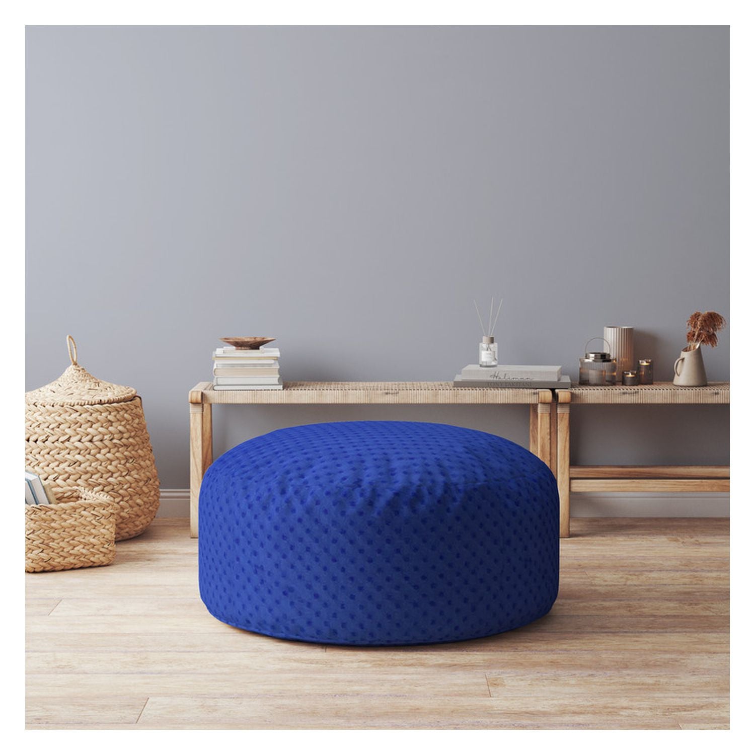 24" Blue Polyester Round Pouf Ottoman