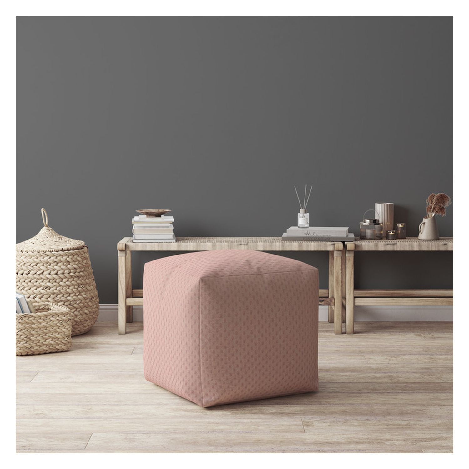 17" Pink Polyester Pouf Ottoman