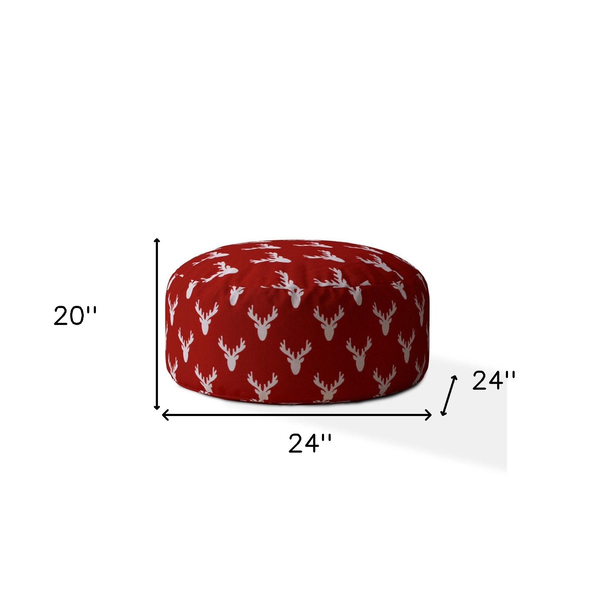 24" Red And White Cotton Round Stag Pouf Ottoman