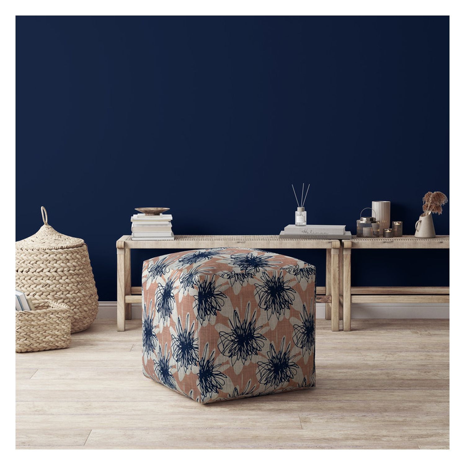 17" Pink And Blue Canvas Floral Pouf Ottoman